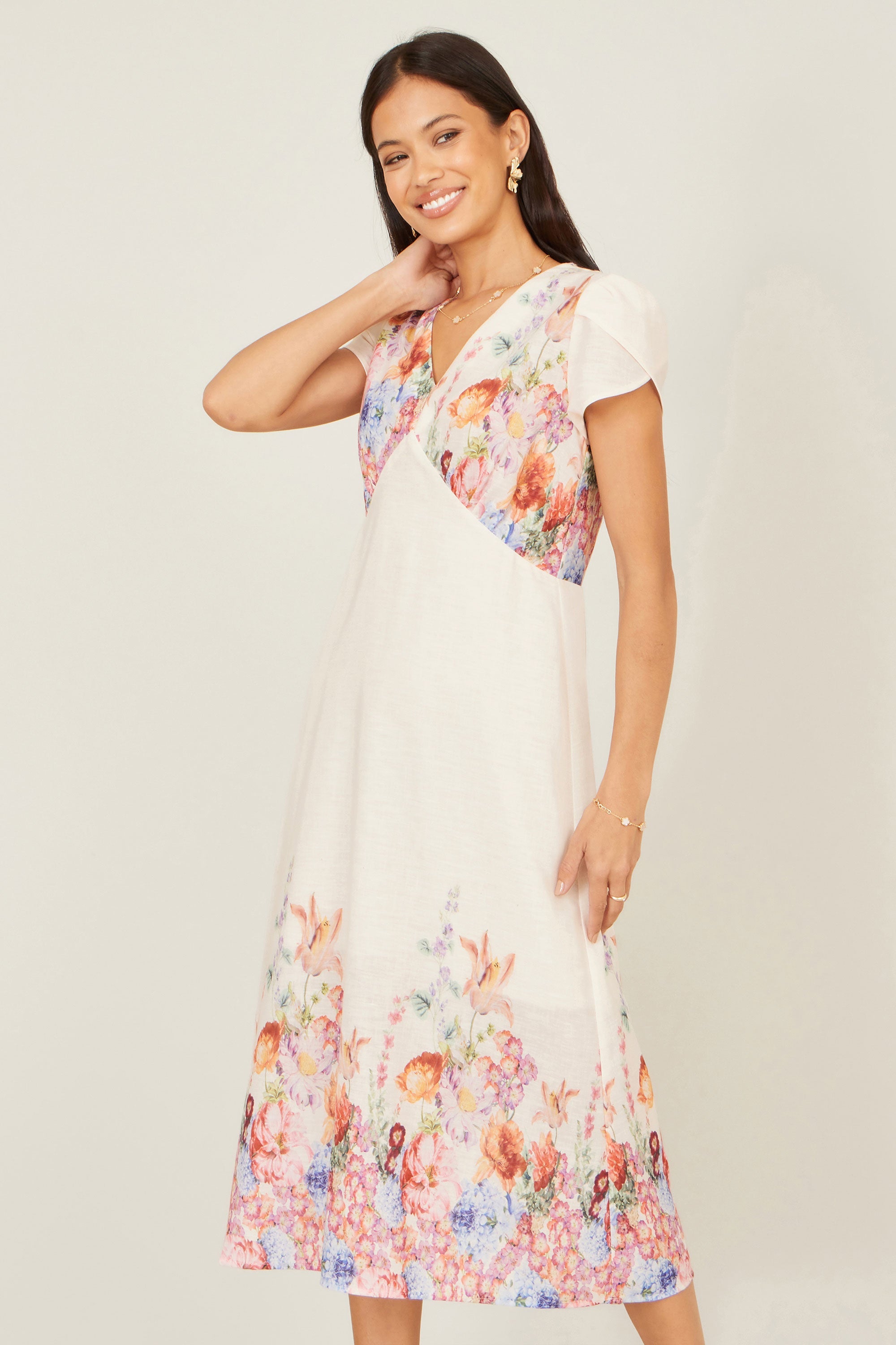Yumi Pink Border Floral Midi Dress - QHA UK