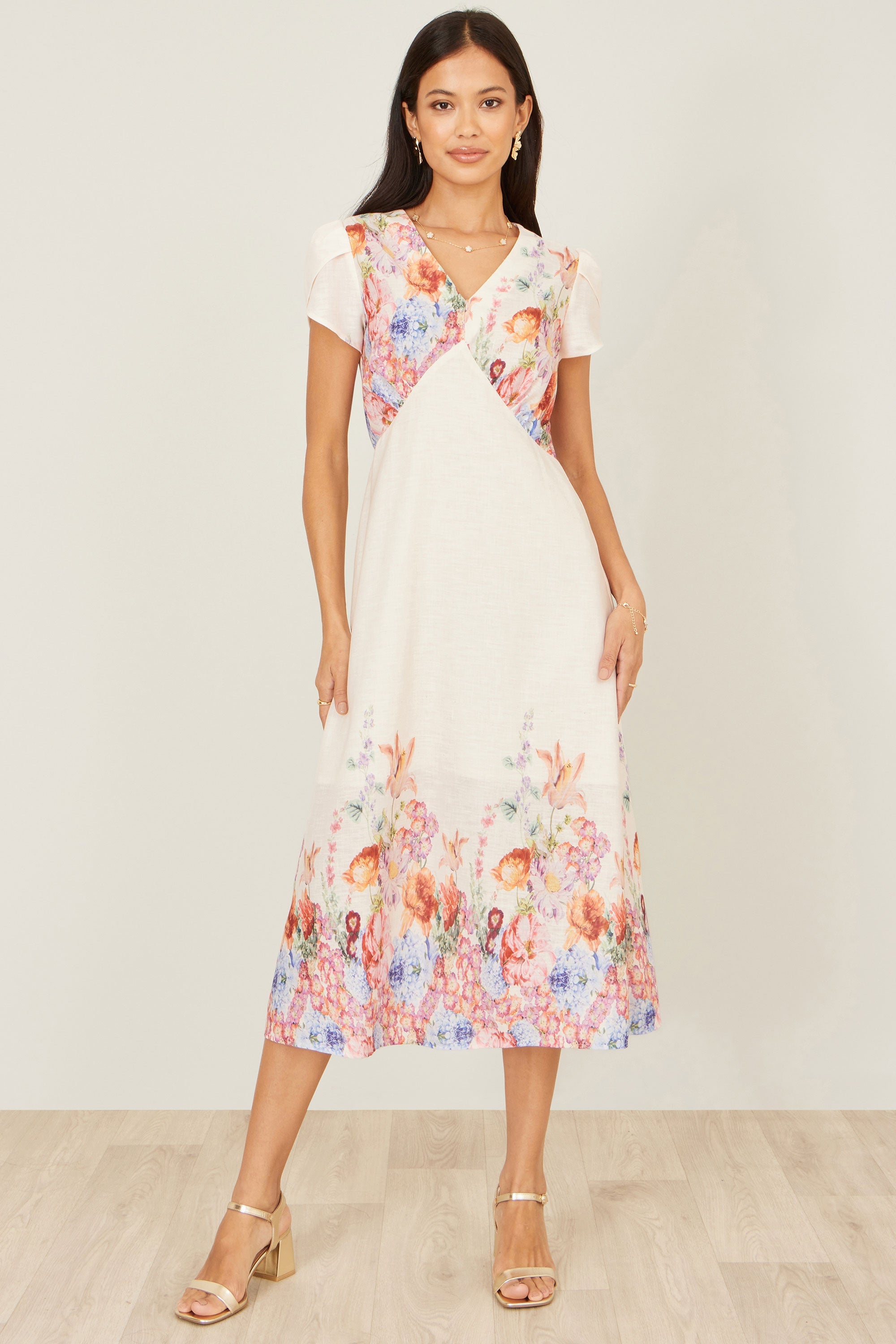 Yumi Pink Border Floral Midi Dress - QHA UK