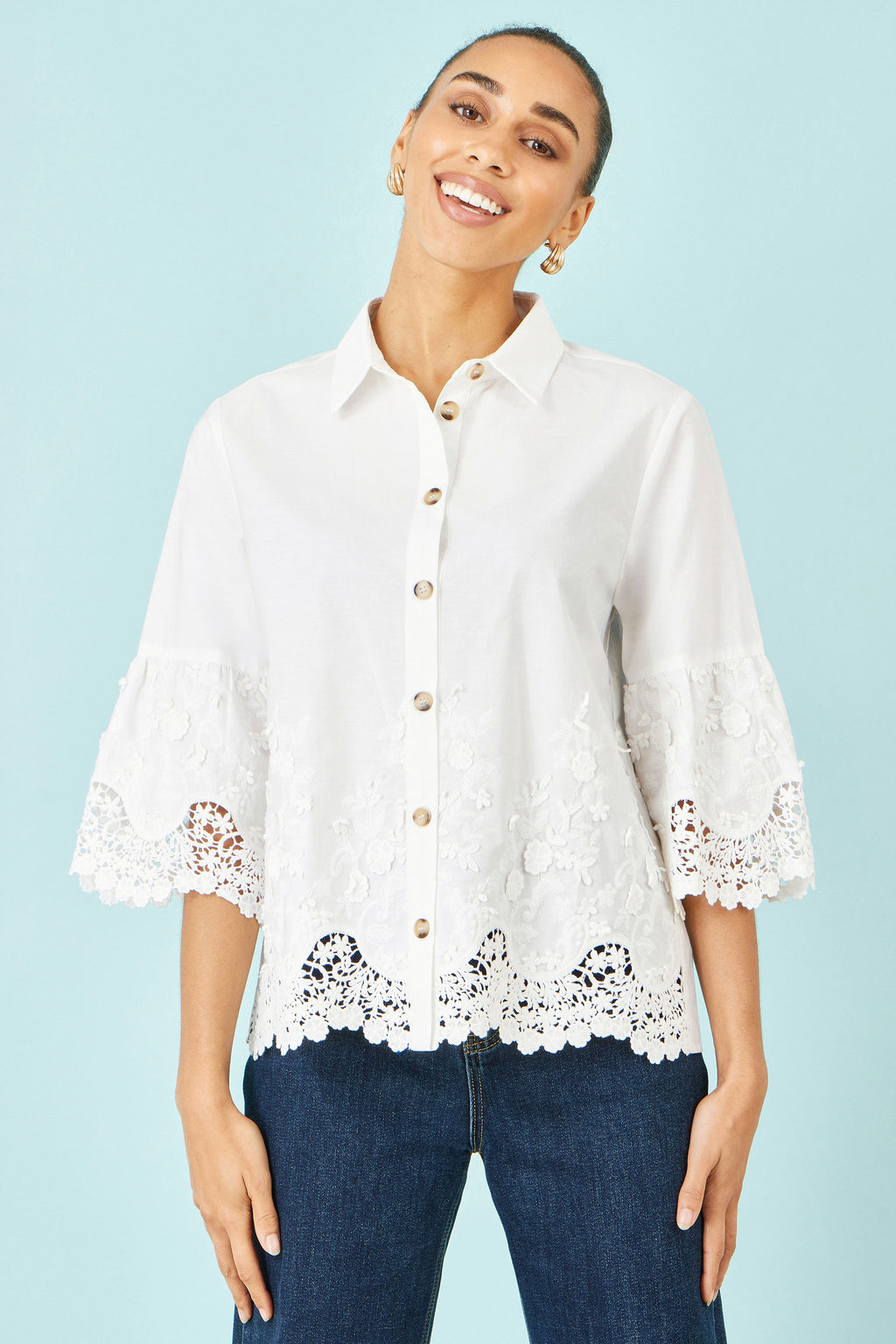Yumi White Cotton Lace Border Shirt