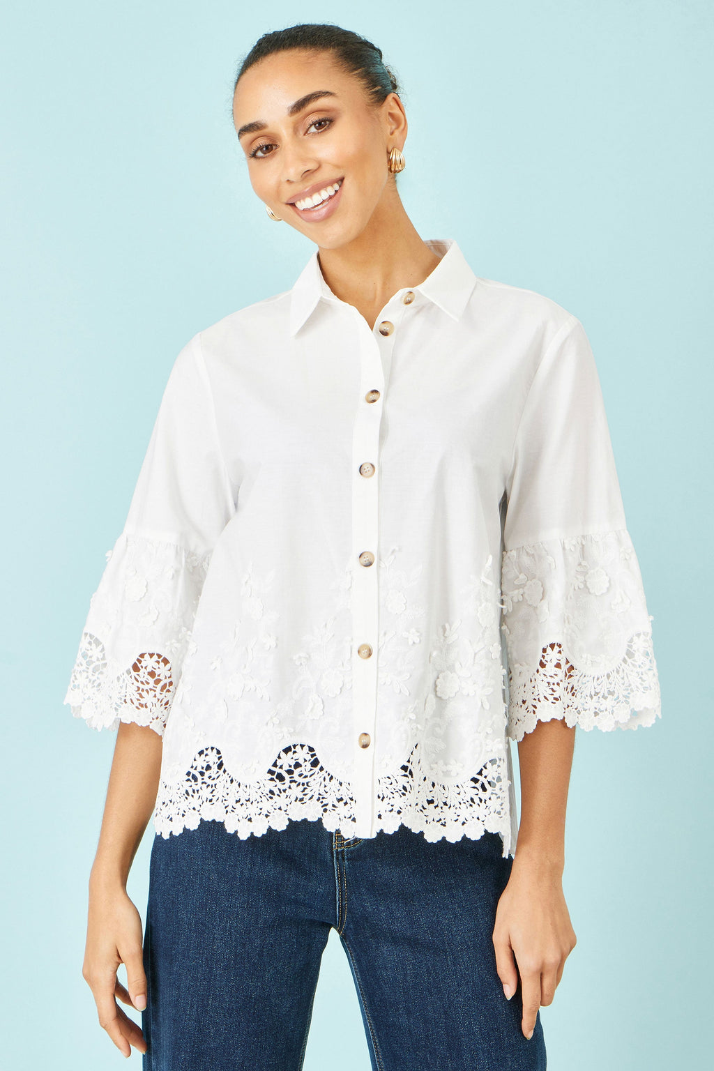 Yumi White Cotton Lace Border Shirt