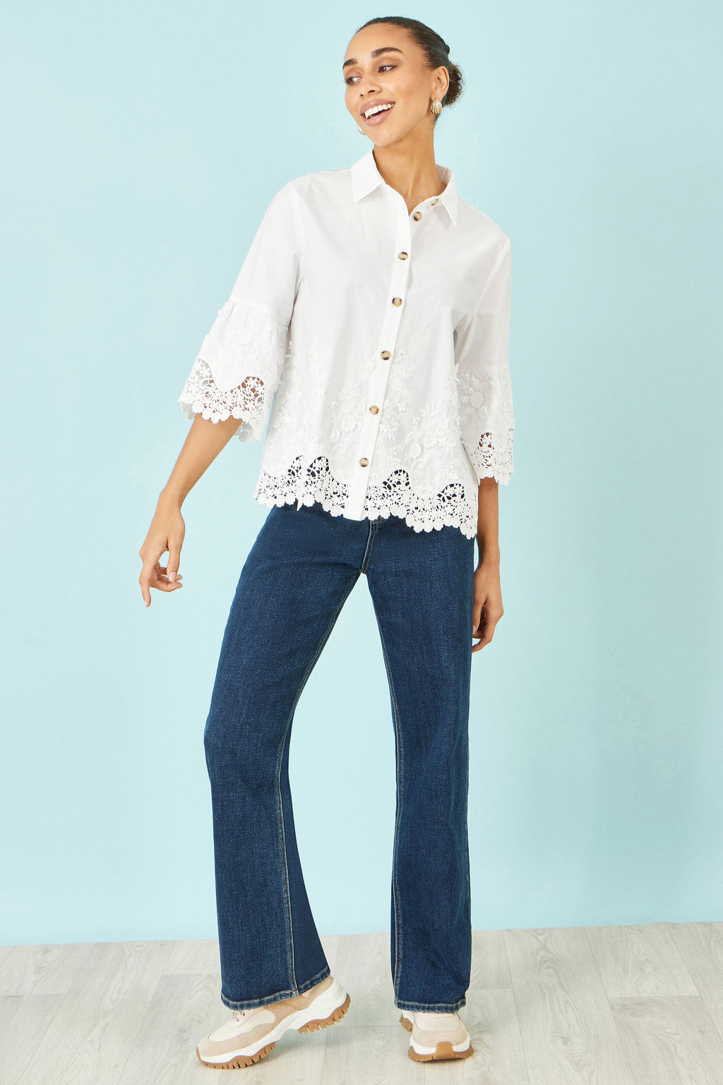 Yumi White Cotton Lace Border Shirt