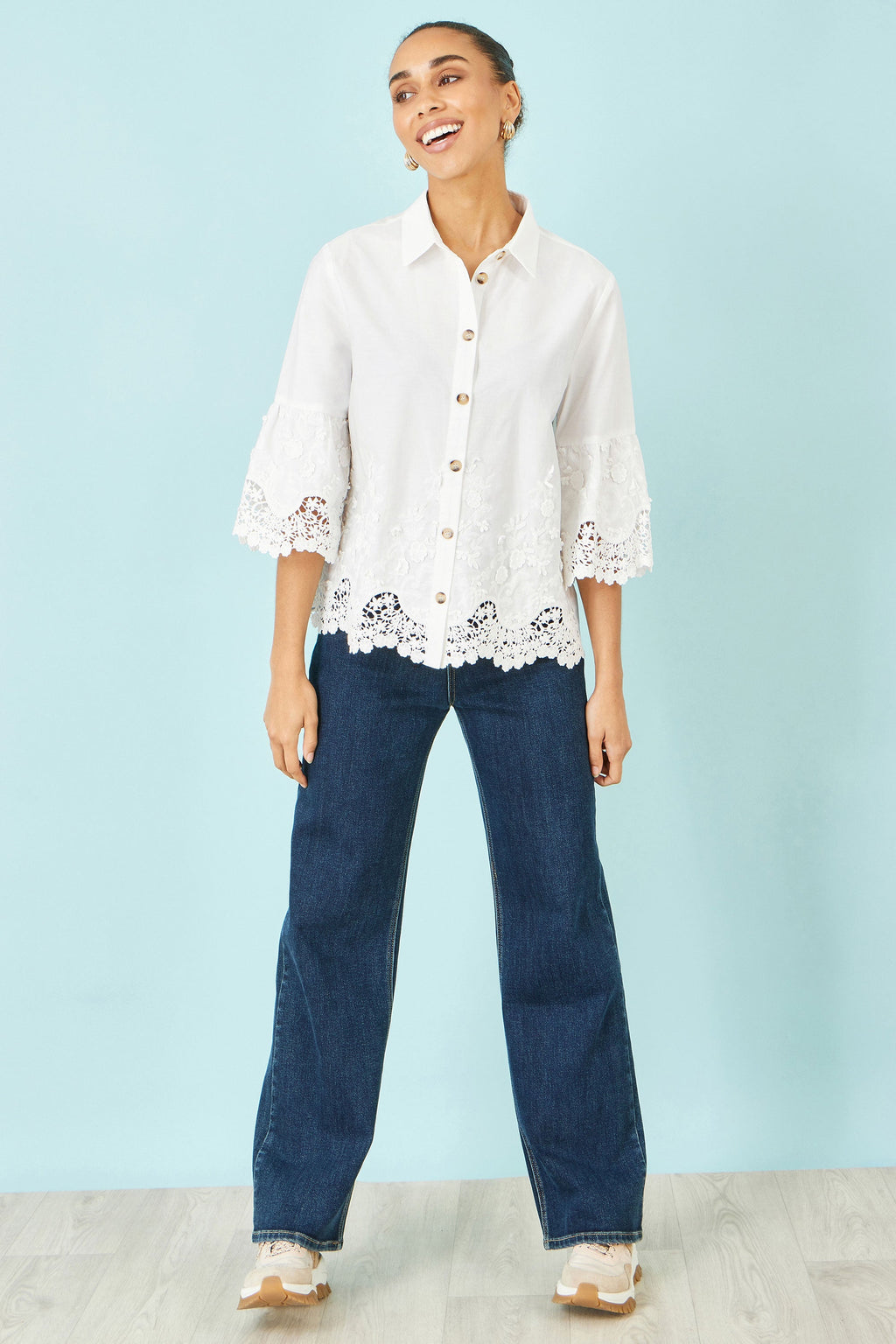 Yumi White Cotton Lace Border Shirt