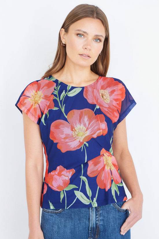 Yumi Navy Poppy Mesh Top - QHA UK