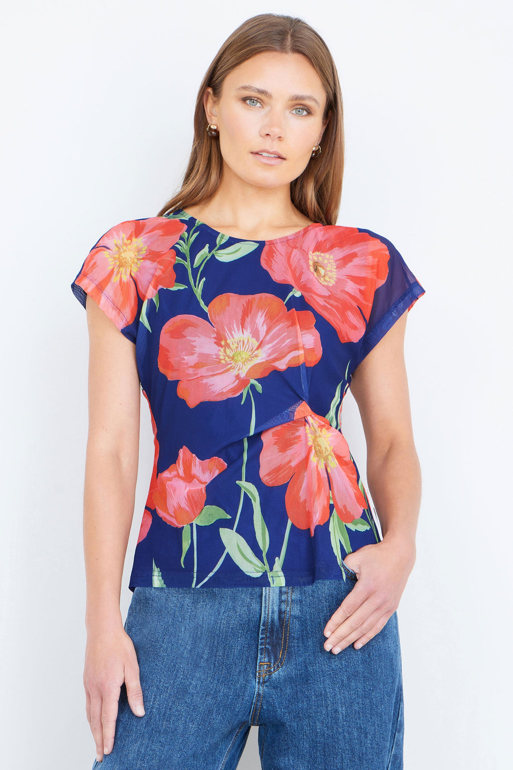 Yumi Navy Poppy Mesh Top