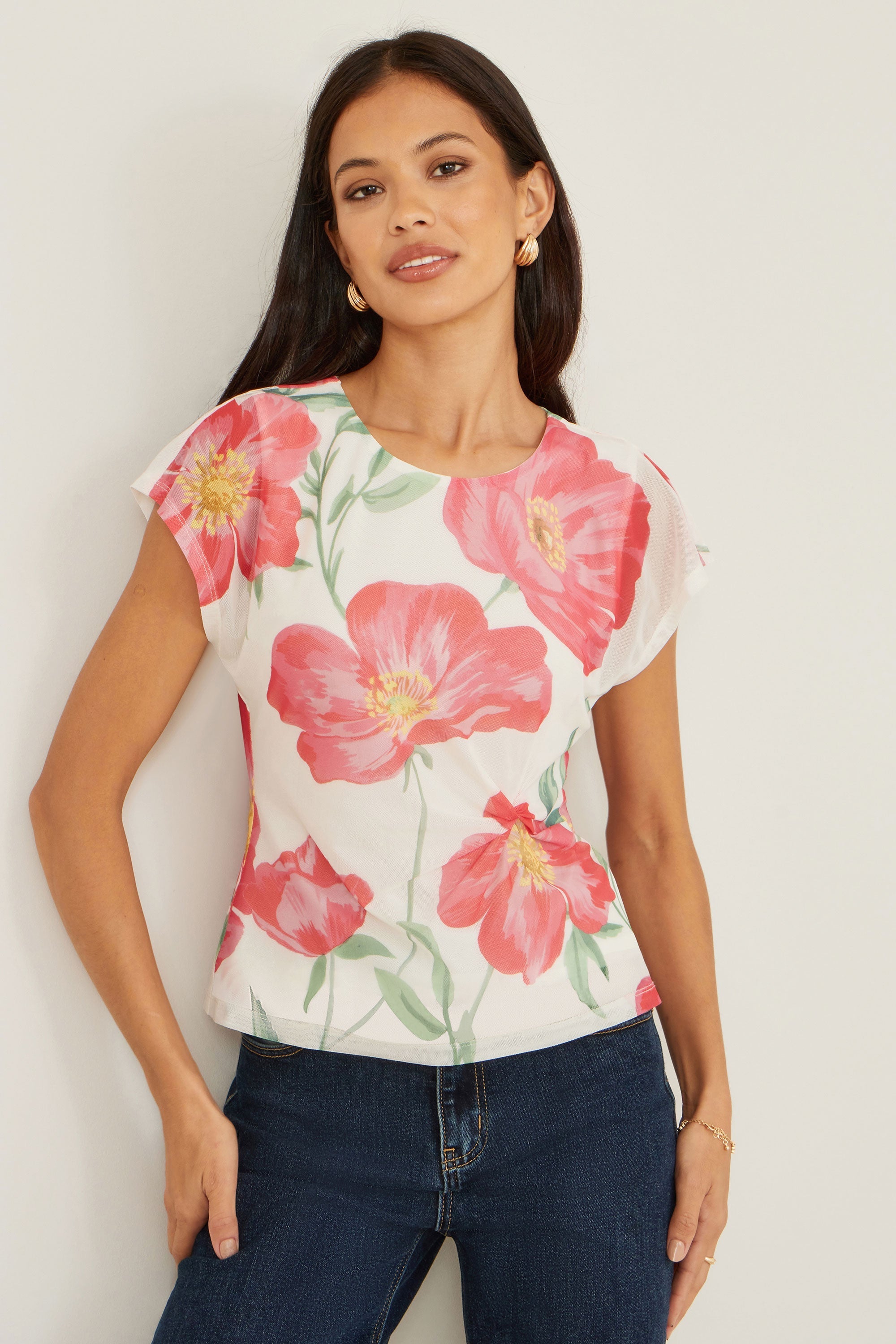 Yumi Ivory Poppy Print Mesh Top - QHA UK