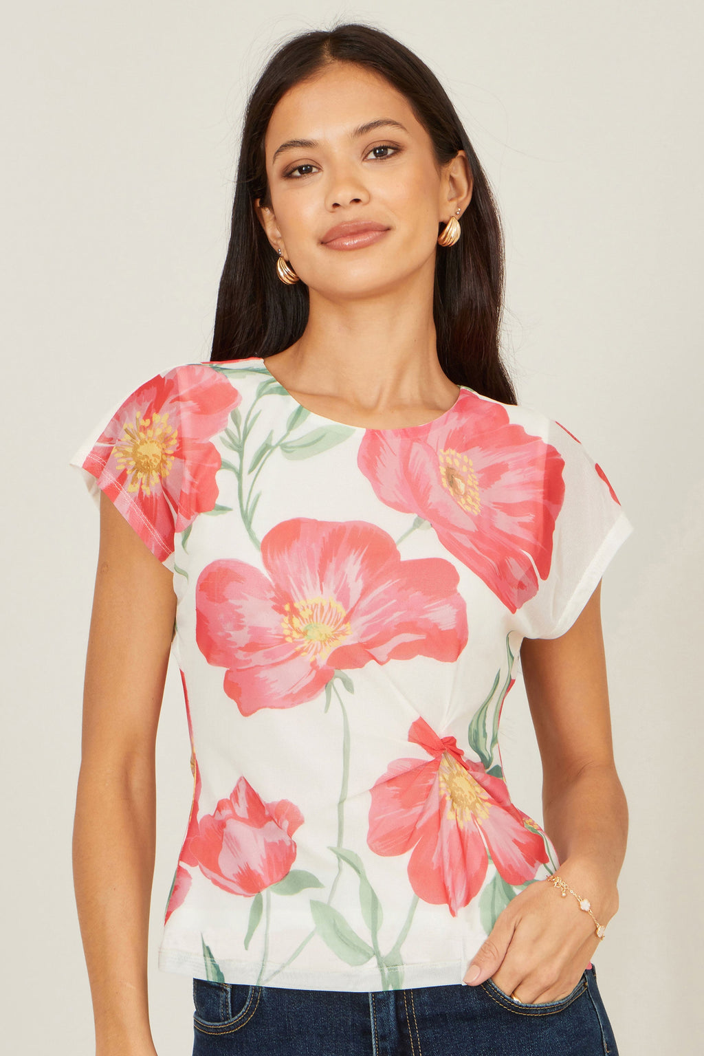 Yumi Ivory Poppy Print Mesh Top - QHA UK