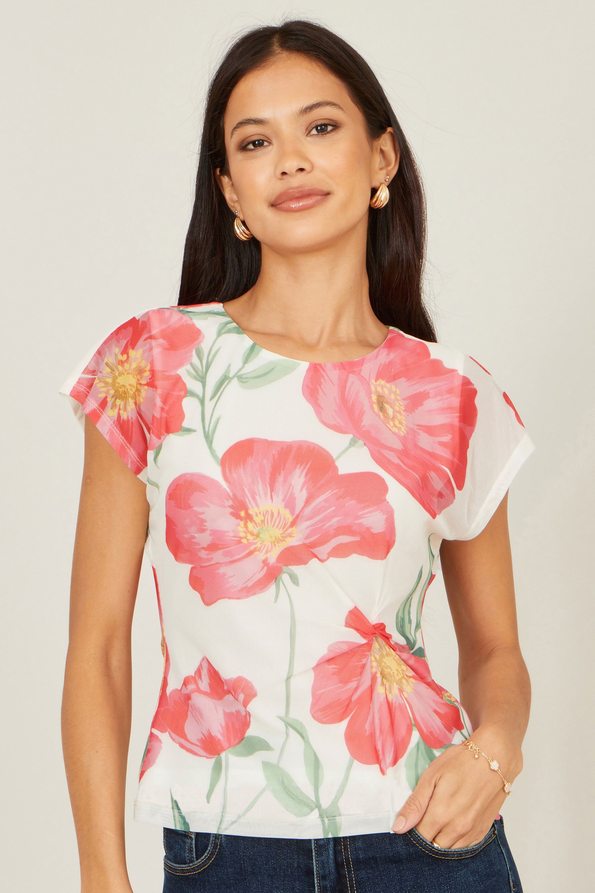 Yumi Ivory Poppy Print Mesh Top - QHA UK