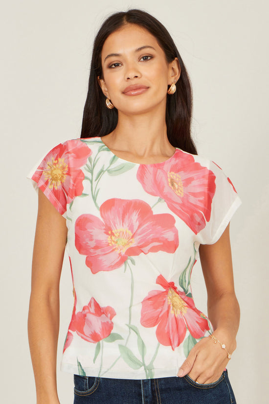 Yumi Ivory Poppy Print Mesh Top - QHA UK