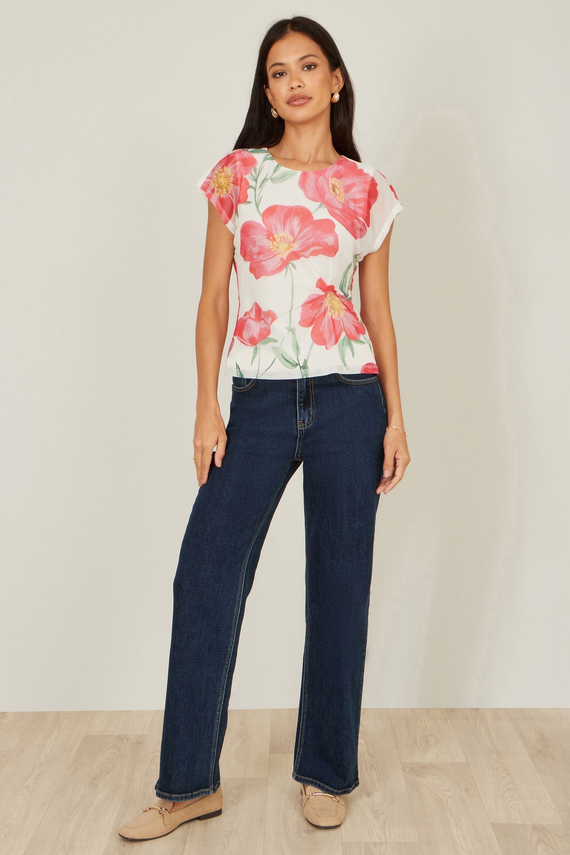 Yumi Ivory Poppy Print Mesh Top - QHA UK