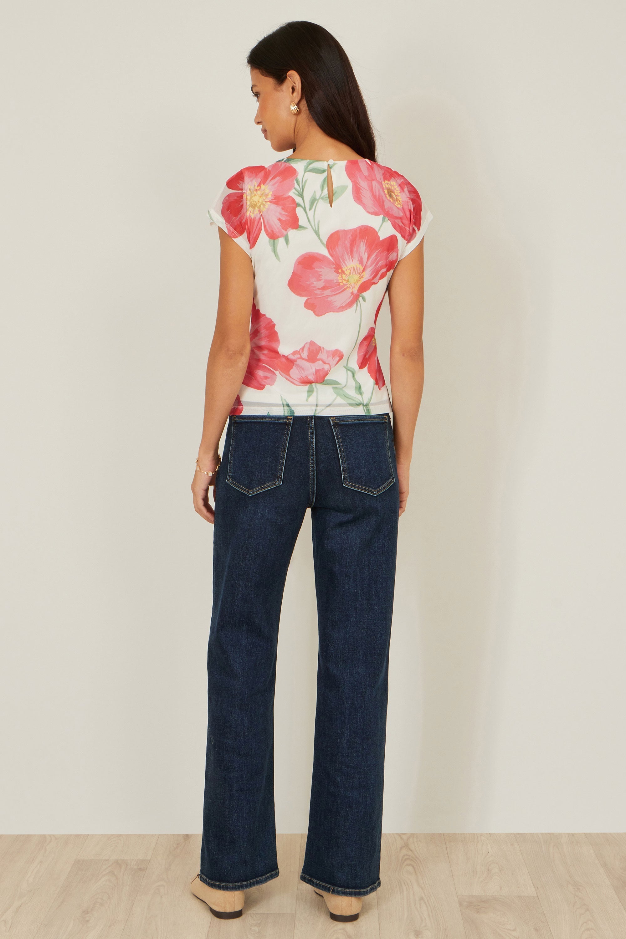 Yumi Ivory Poppy Print Mesh Top - QHA UK