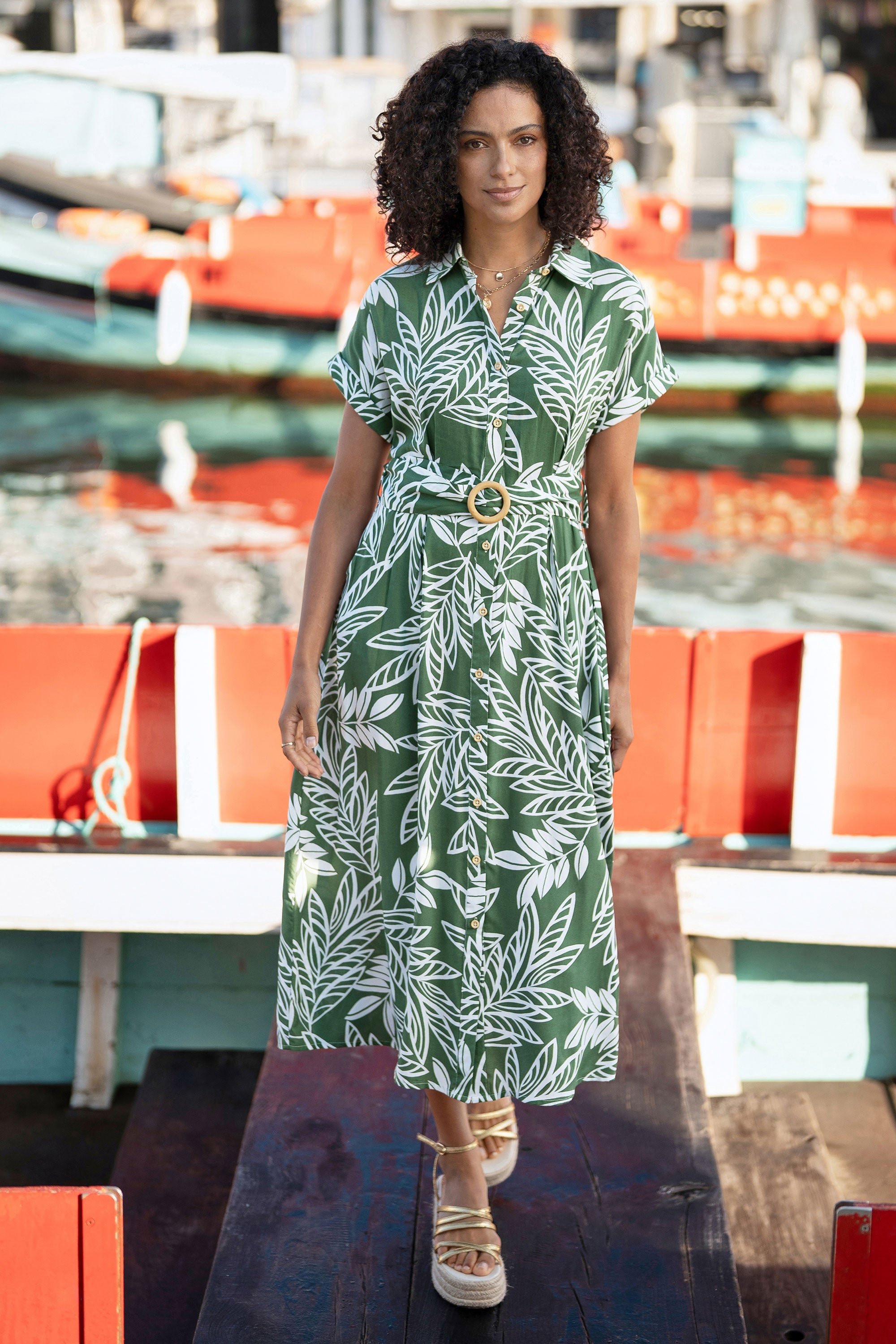Yumi Green Leaf Print Viscose Relaxed Midi Shirt Dress