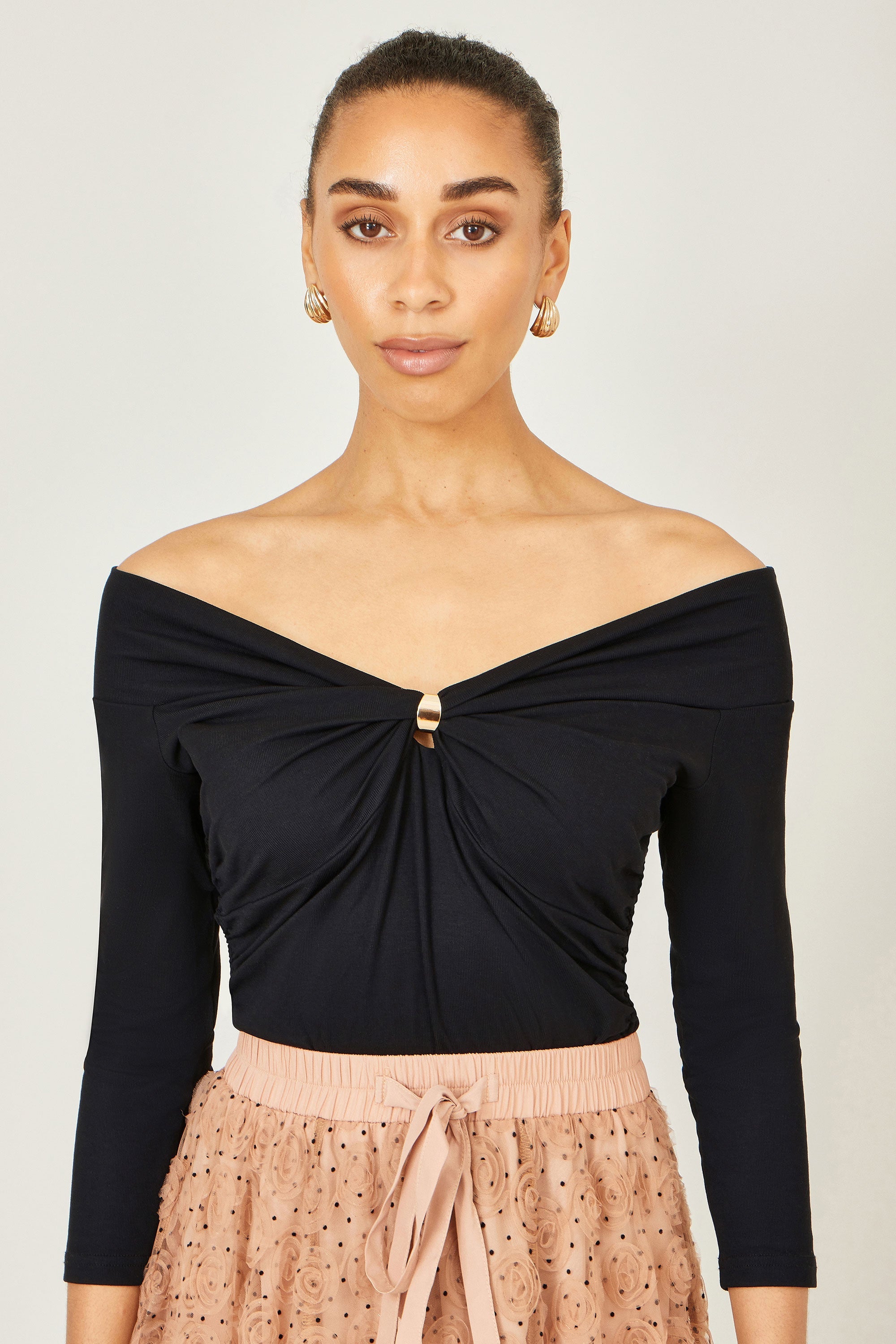 Yumi Black Bardot Long Sleeve Jersey Top