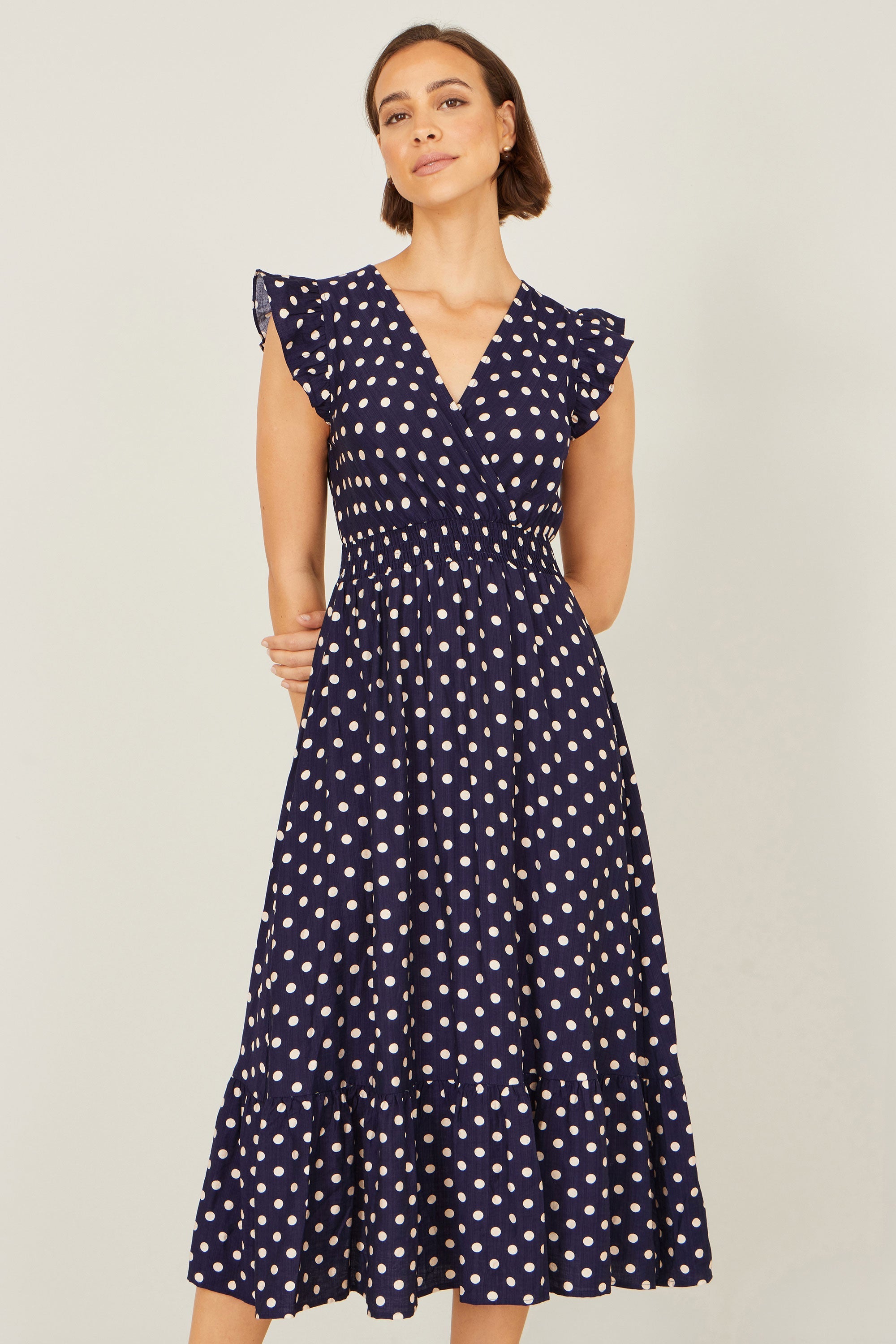 Yumi Navy Spot Ruched Waist Midi Dress - QHA UK