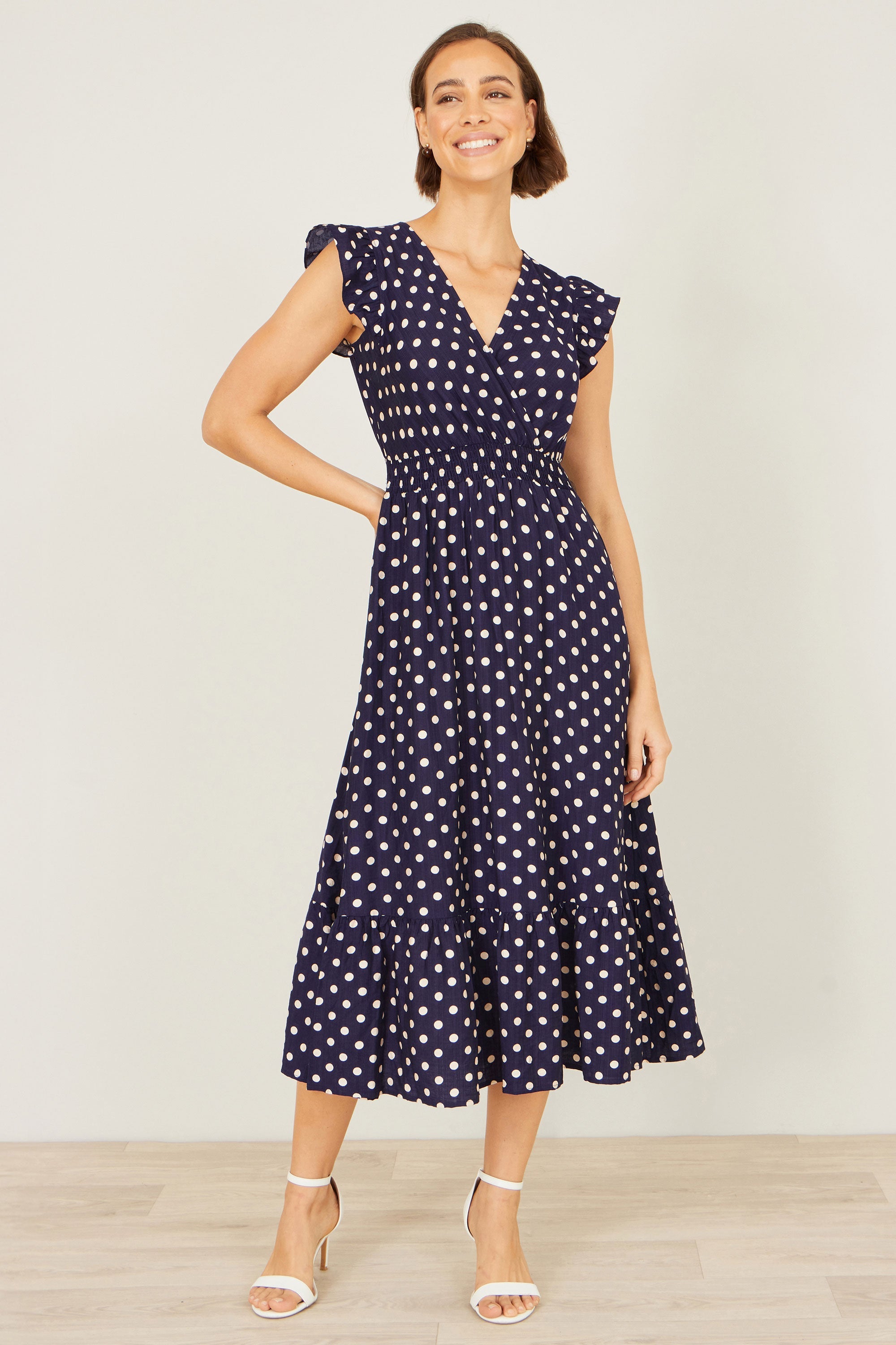 Yumi Navy Spot Ruched Waist Midi Dress - QHA UK