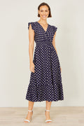 Yumi Navy Spot Ruched Waist Midi Dress - QHA UK
