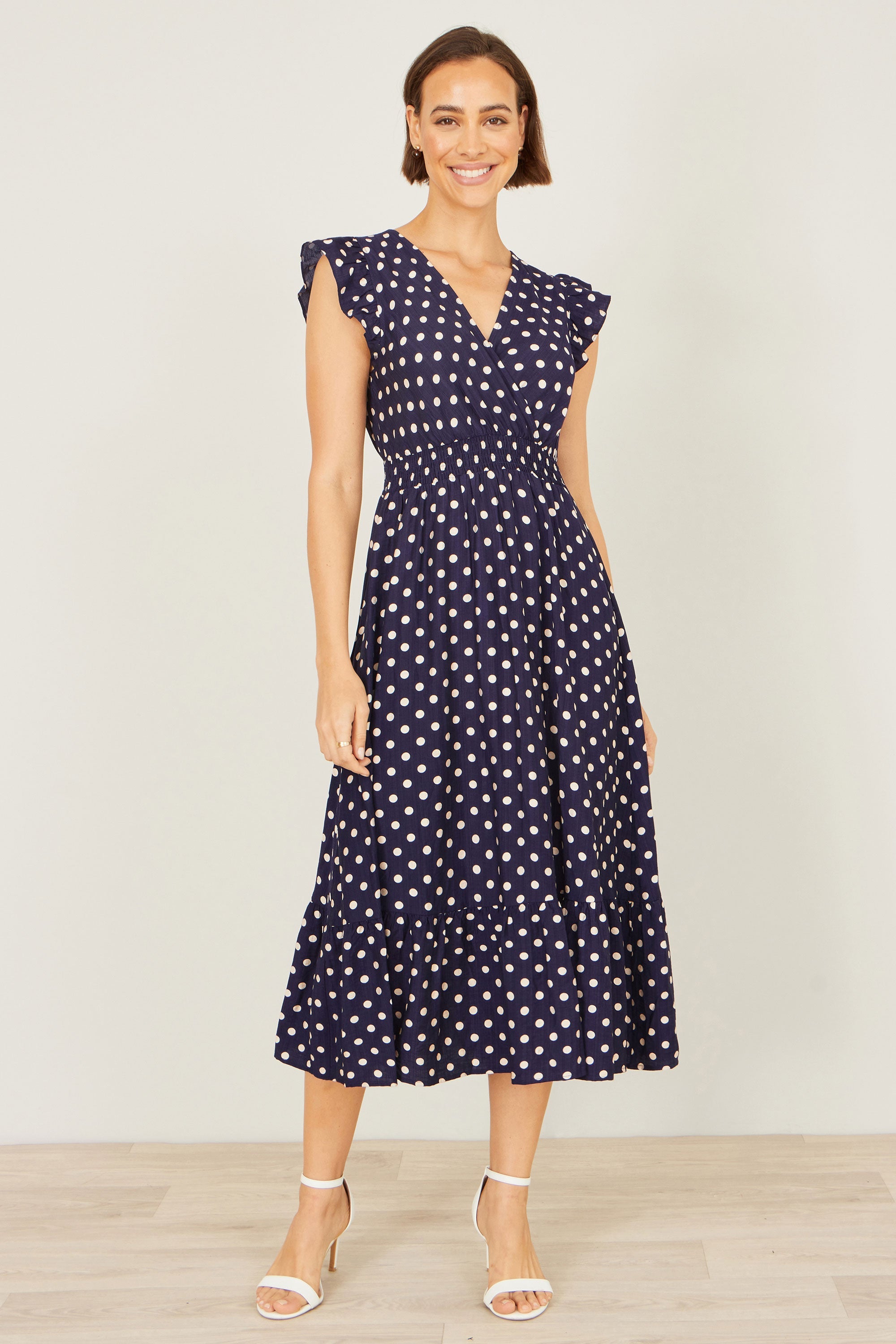Yumi Navy Spot Ruched Waist Midi Dress - QHA UK