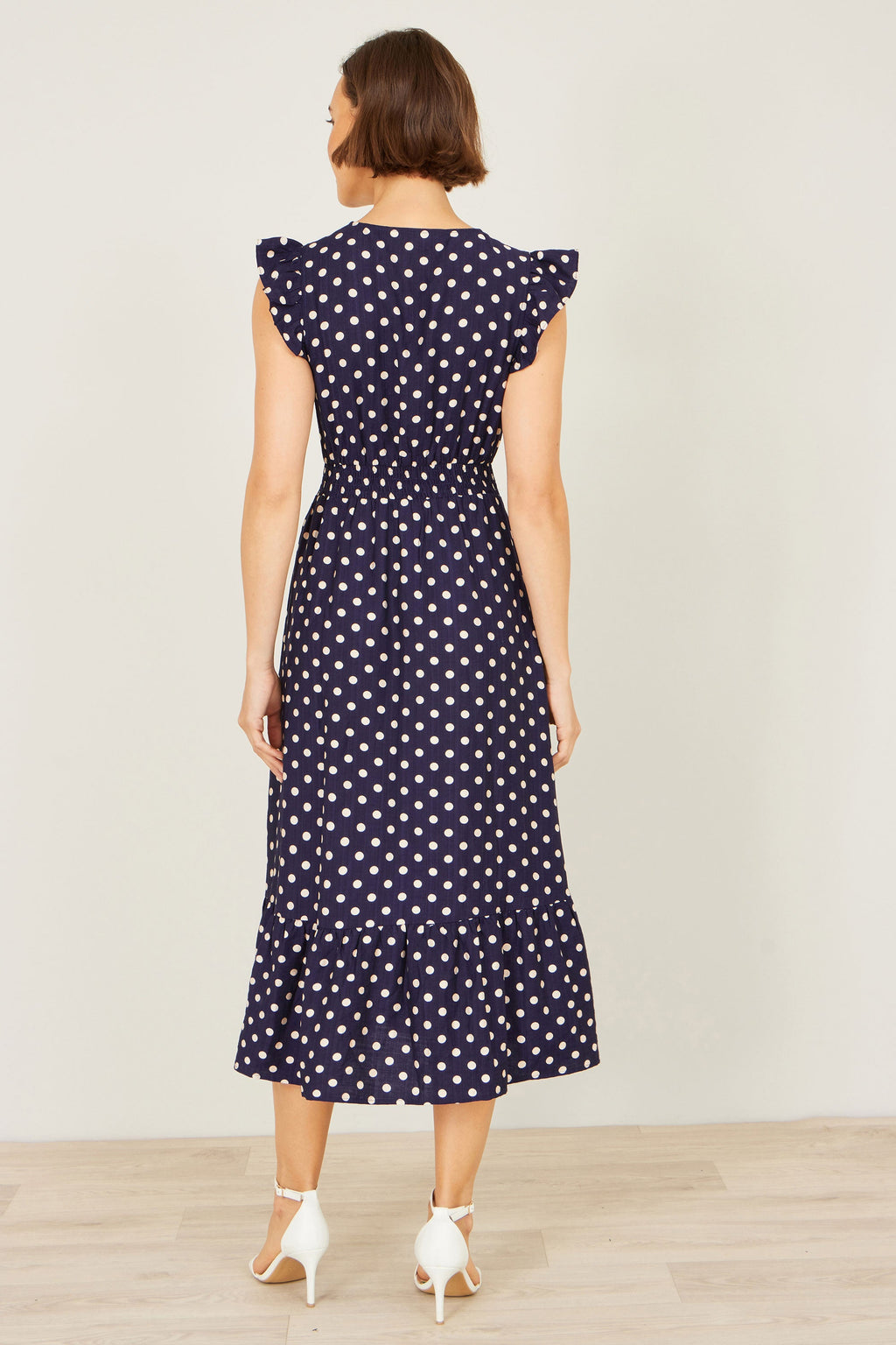 Yumi Navy Spot Ruched Waist Midi Dress - QHA UK