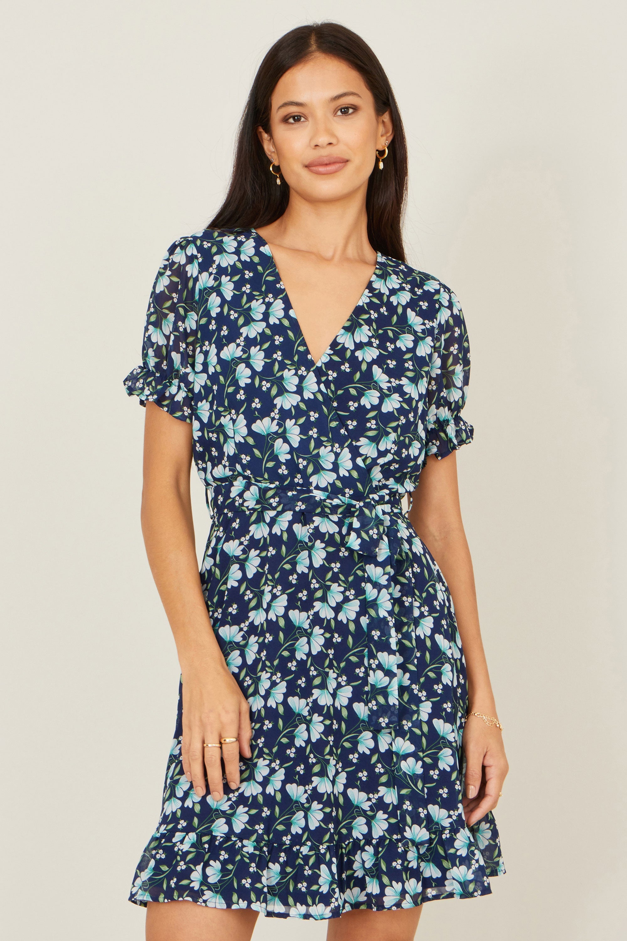 Yumi Blue Floral Skater Wrap Dress