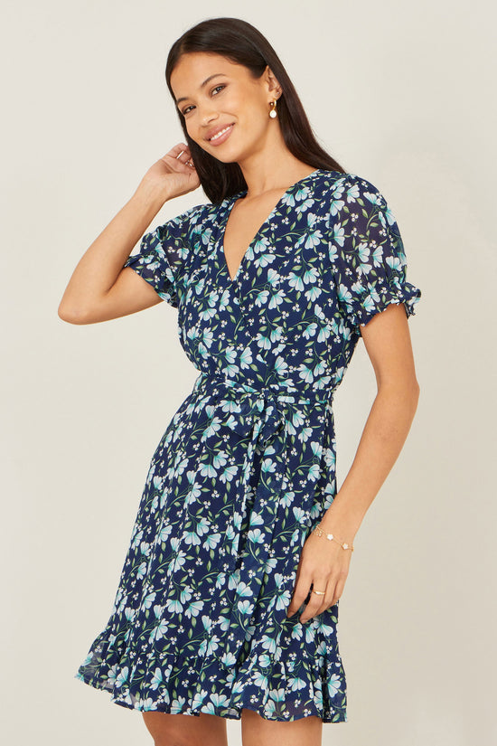 Yumi Blue Floral Skater Wrap Dress - QHA UK
