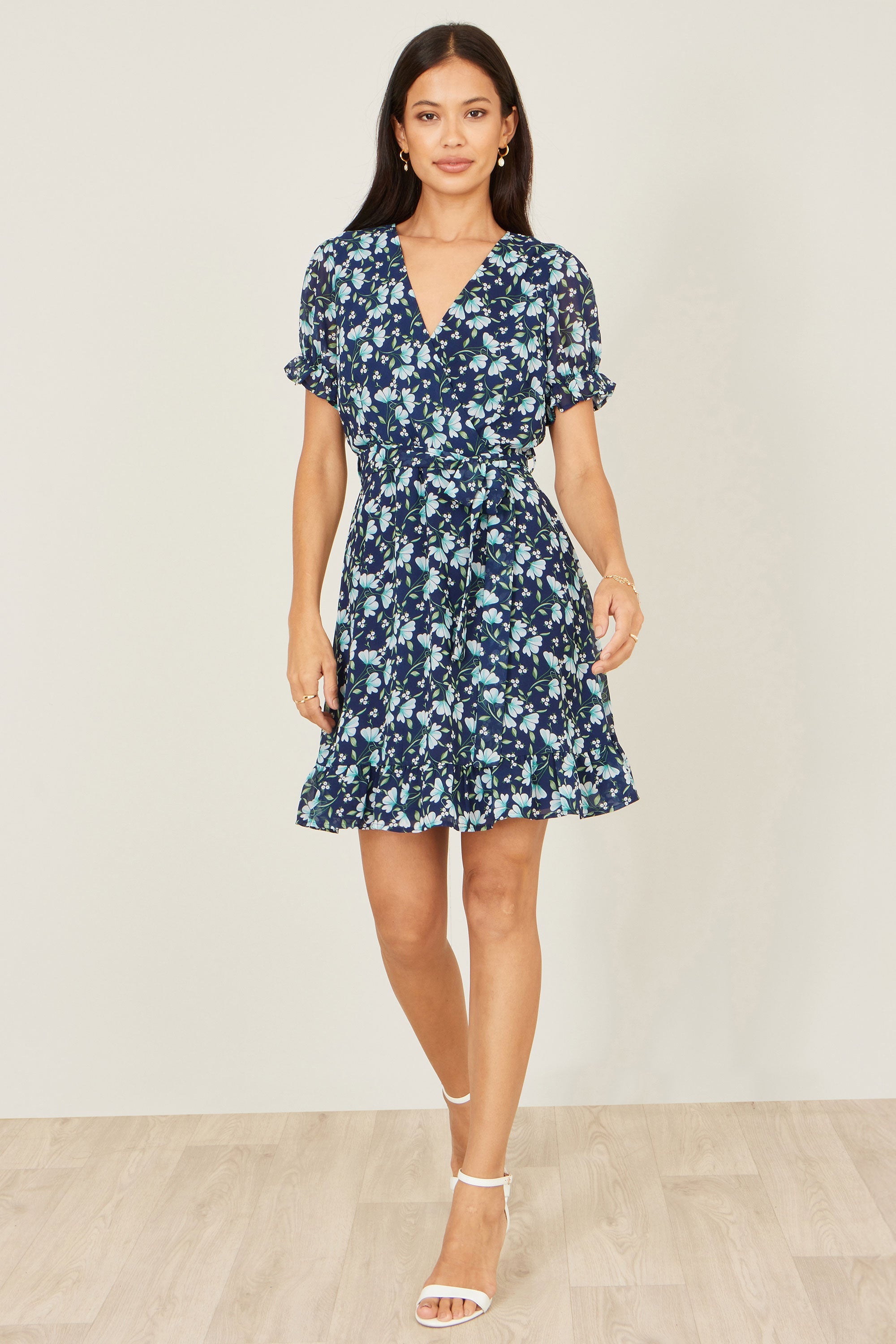 Yumi Blue Floral Skater Wrap Dress