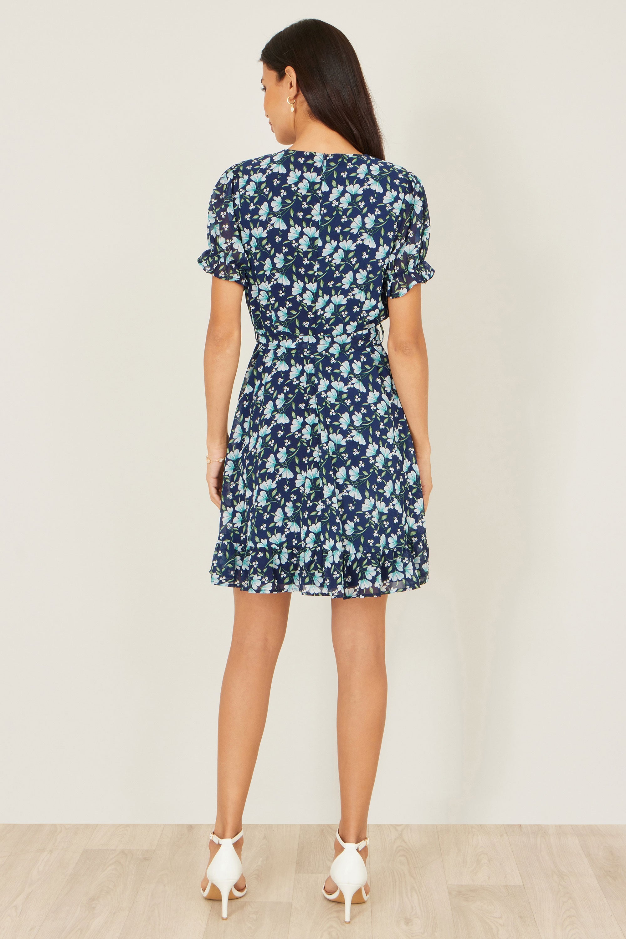 Yumi Blue Floral Skater Wrap Dress