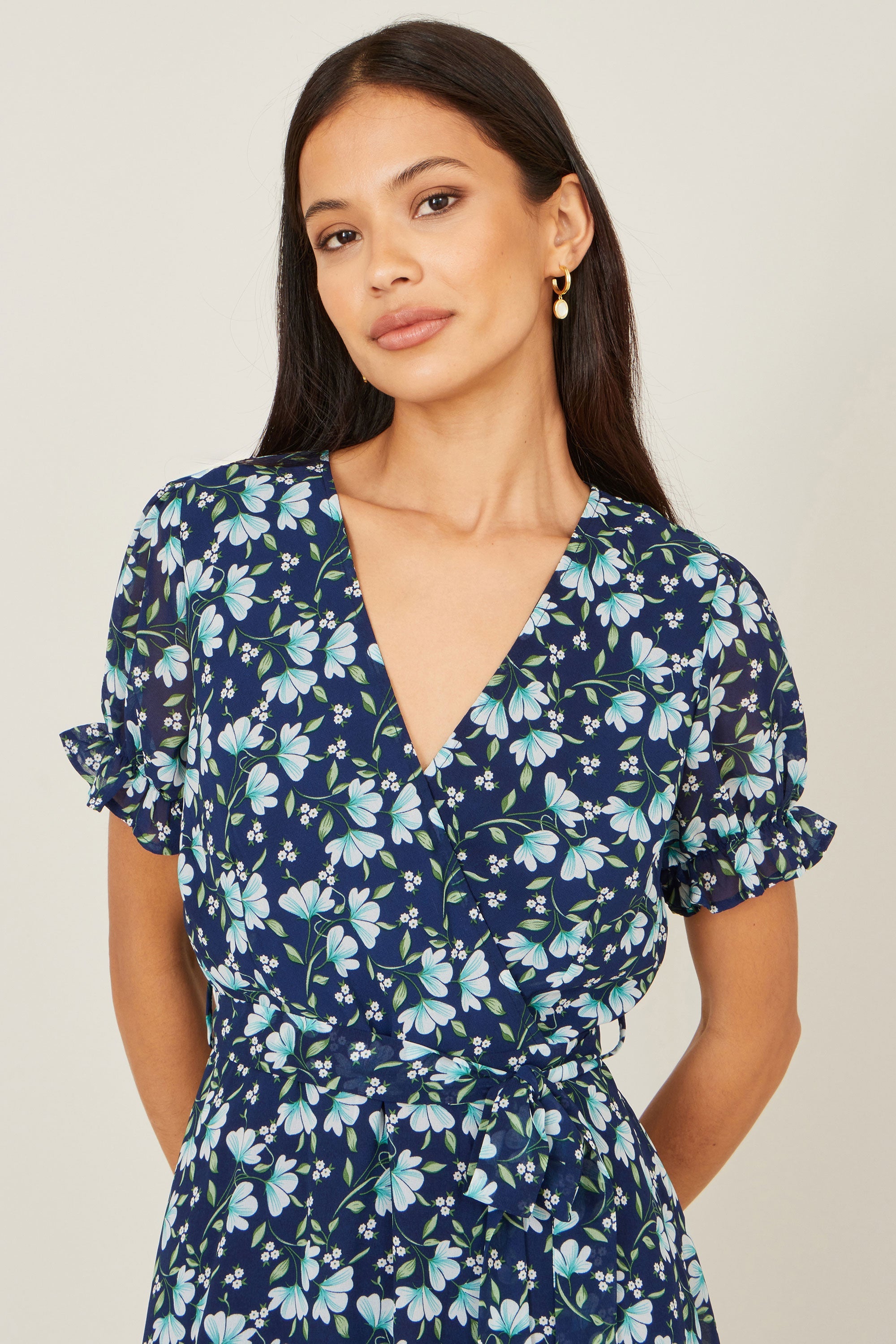Yumi Blue Floral Skater Wrap Dress