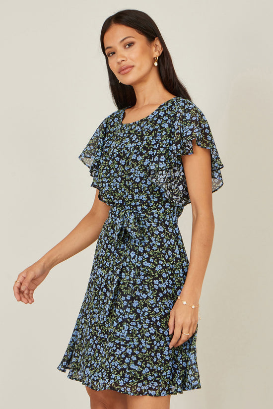 Yumi Blue Ditsy Print Floral Skater Dress - QHA UK