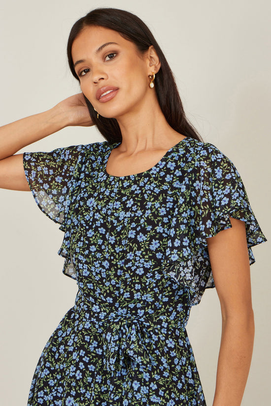 Yumi Blue Ditsy Print Floral Skater Dress - QHA UK