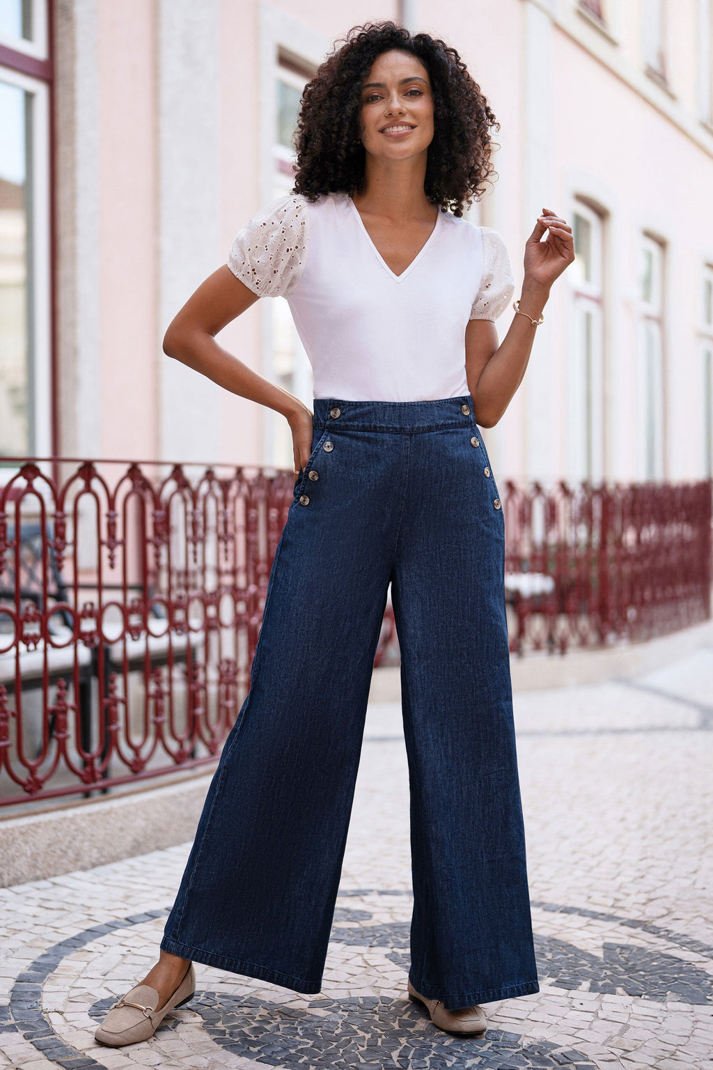 Yumi Blue Chambray Wide Leg Trousers With Button Details