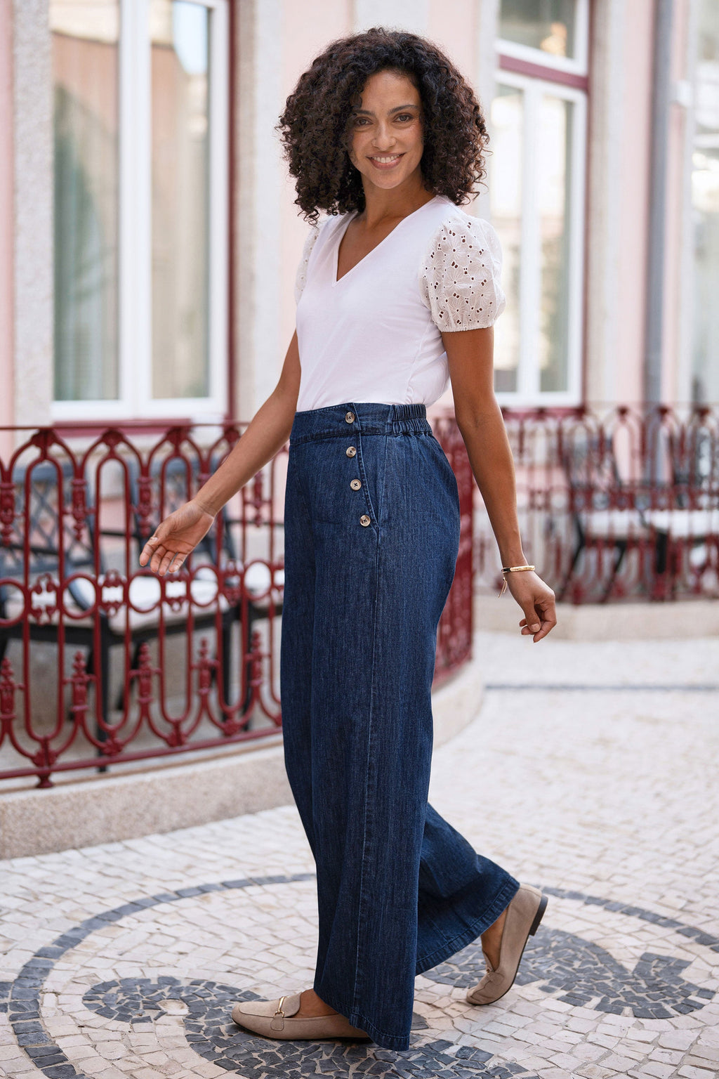 Yumi Blue Chambray Wide Leg Trousers With Button Details