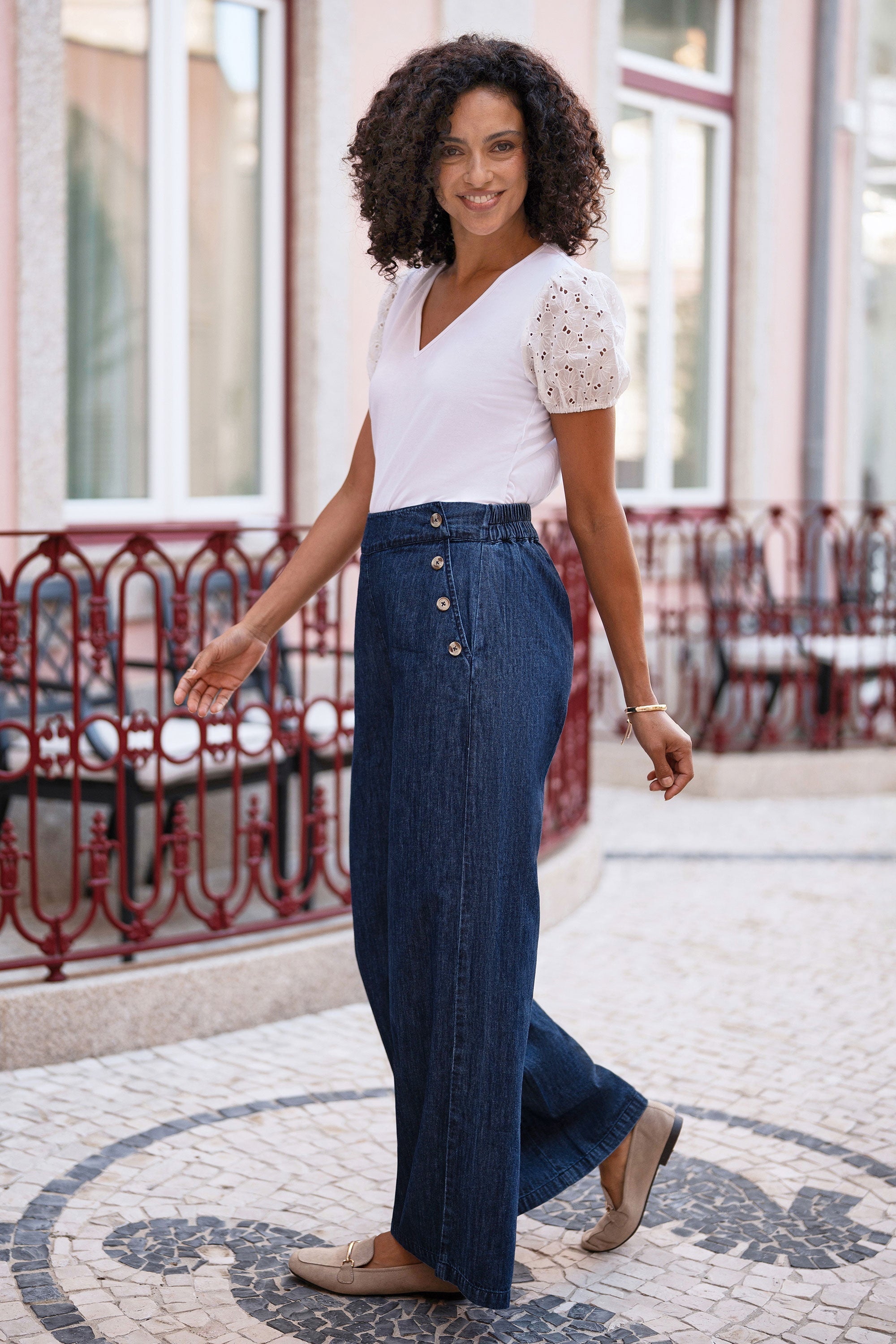 Yumi Blue Chambray Wide Leg Trousers With Button Details