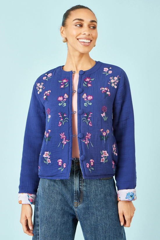 Yumi Blue Floral Embroidery Cotton Jacket - QHA UK