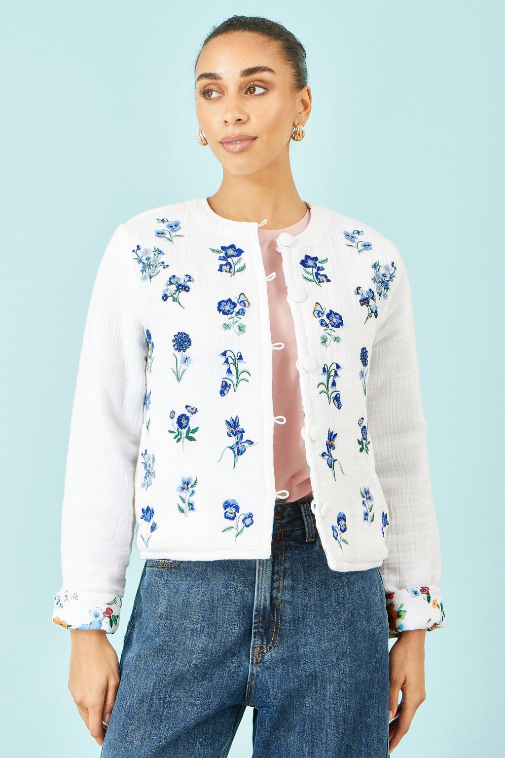 Yumi White Floral Embroidery Reversible Cotton Jacket