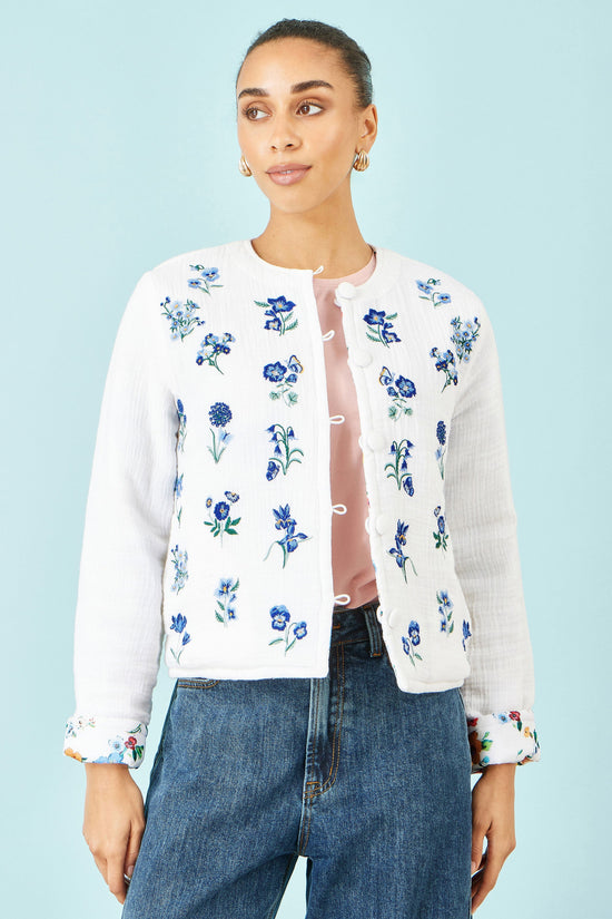 Yumi White Floral Embroidery Reversible Cotton Jacket - QHA UK