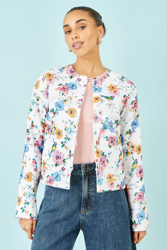 Yumi White Floral Embroidery Reversible Cotton Jacket - QHA UK