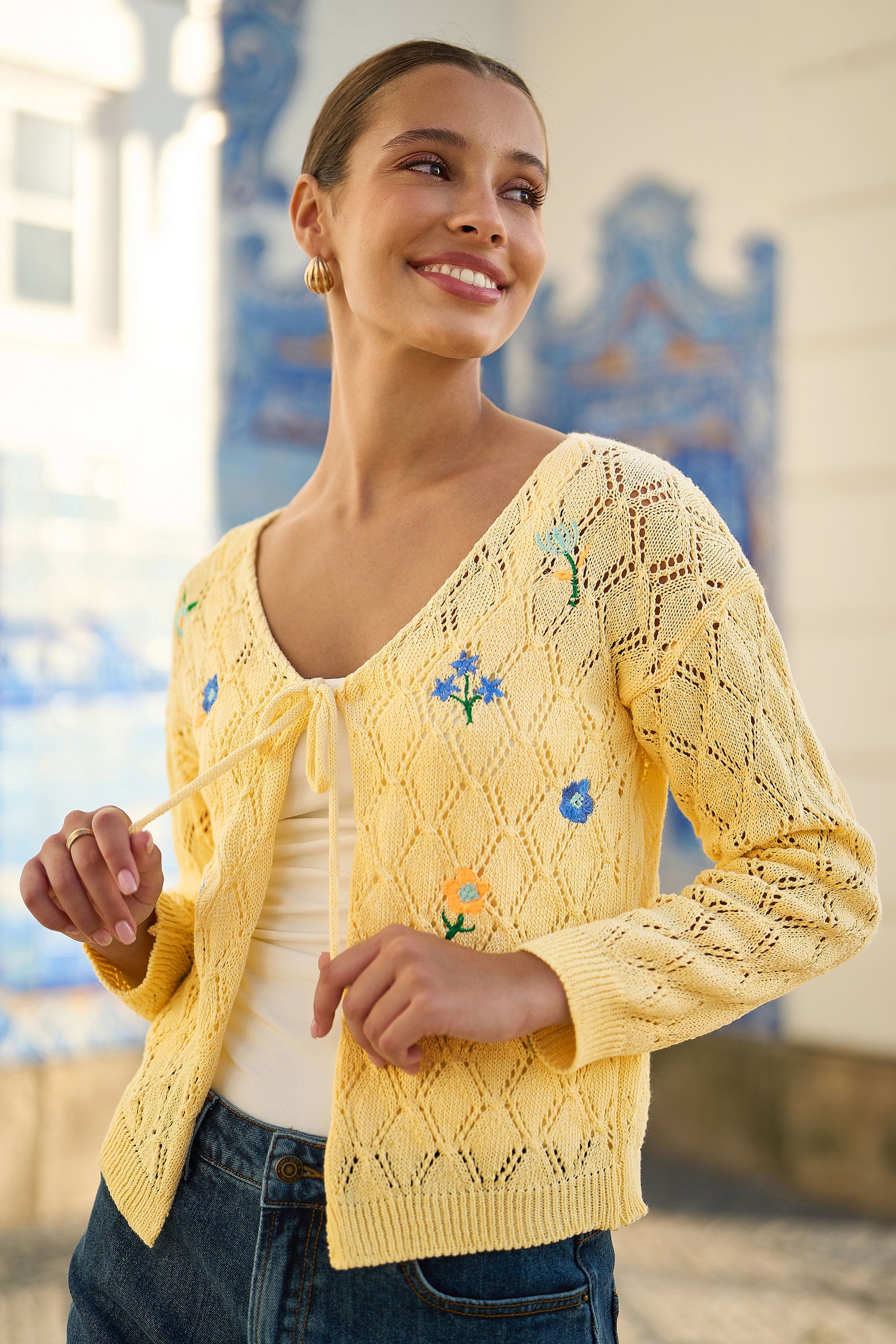 Yumi Butter Yellow Embroidered Pointelle Cardigan