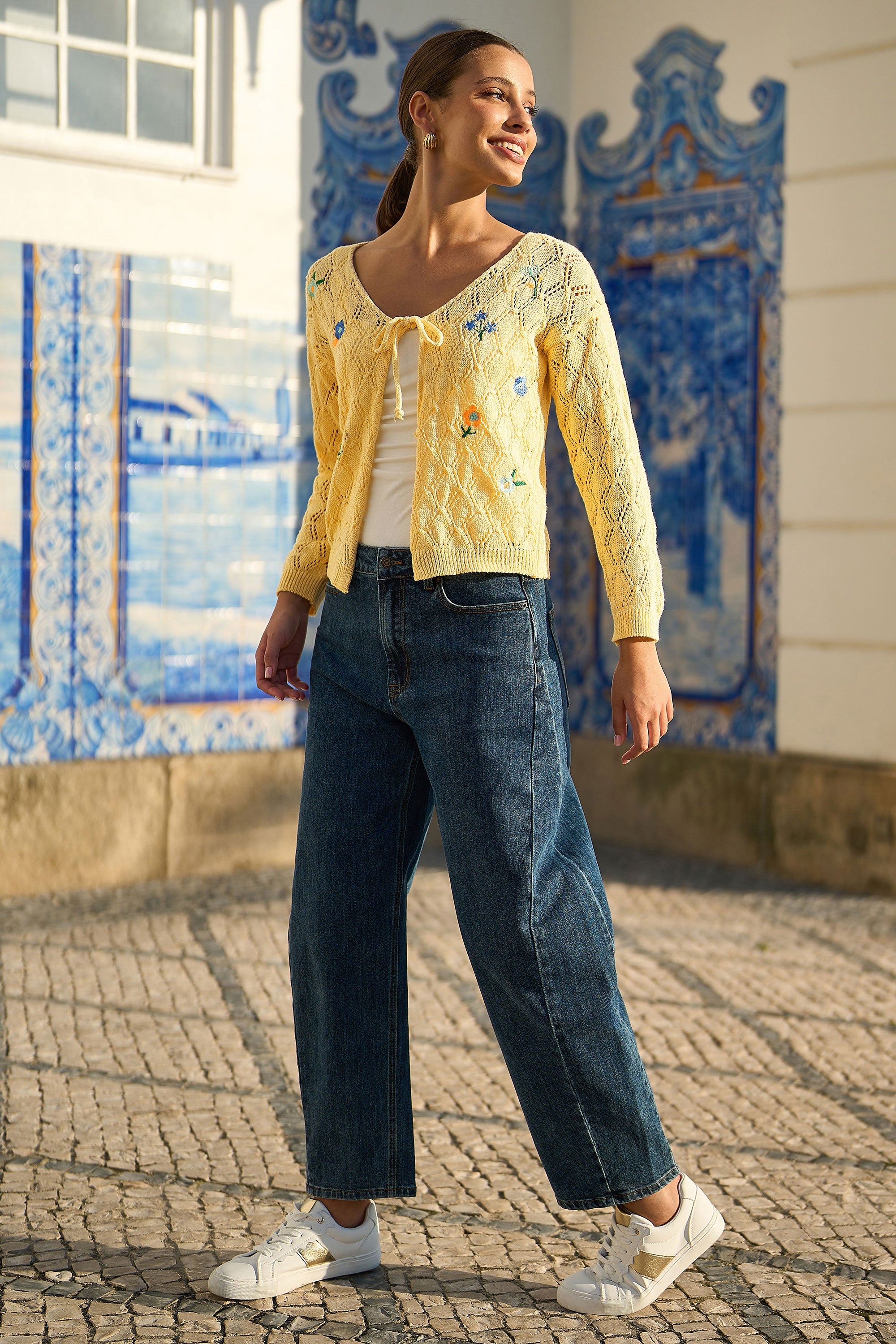 Yumi Butter Yellow Embroidered Pointelle Cardigan