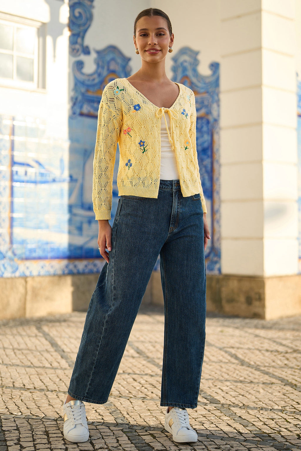Yumi Butter Yellow Embroidered Pointelle Cardigan