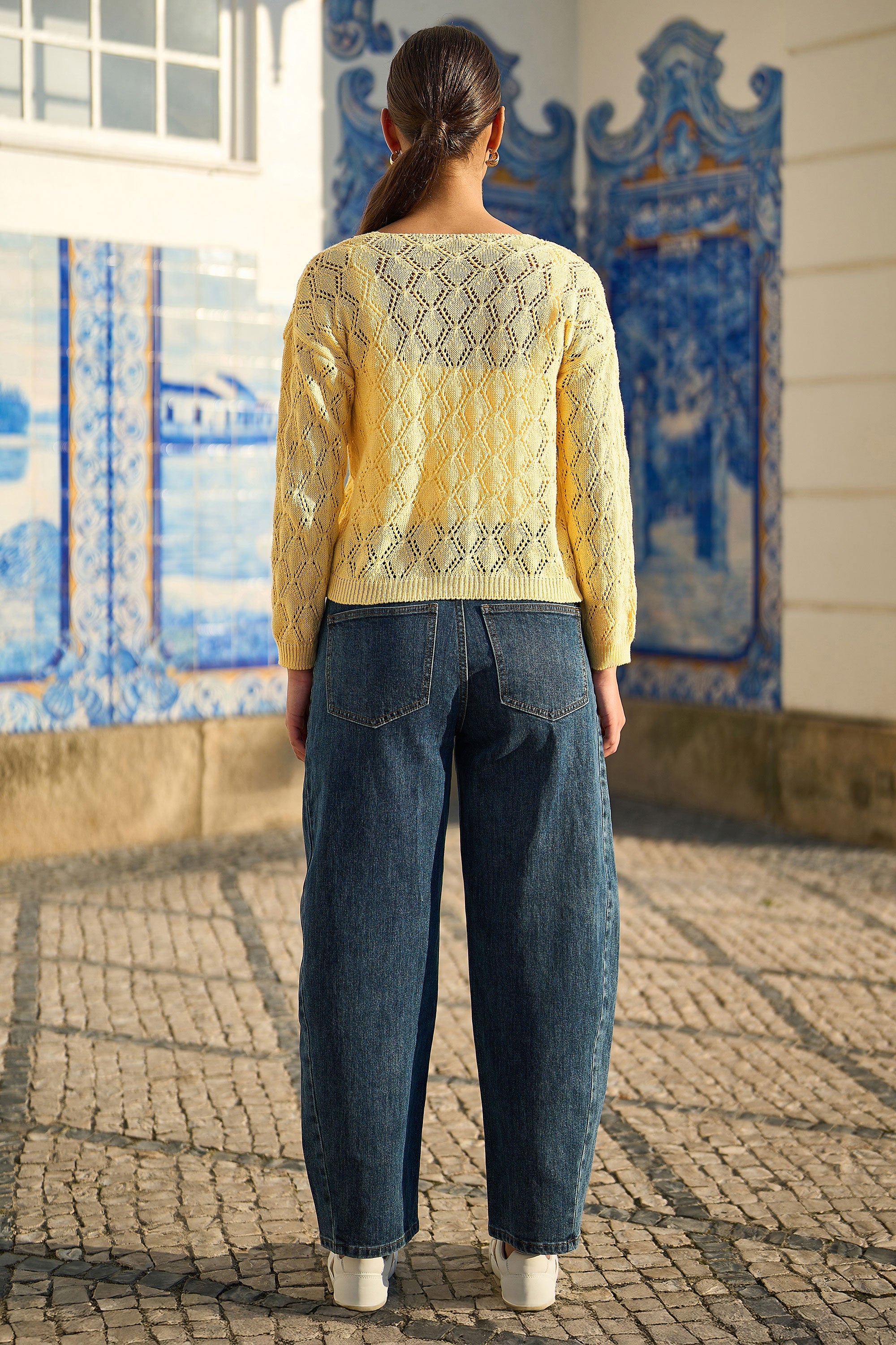 Yumi Butter Yellow Embroidered Pointelle Cardigan