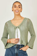 Yumi Green Tie Front Pointelle Cardigan - QHA UK