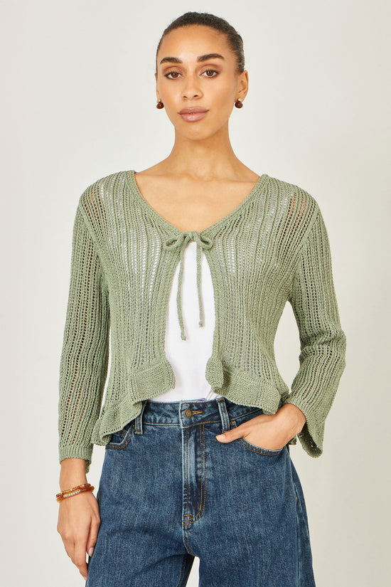 Yumi Green Tie Front Pointelle Cardigan - QHA UK