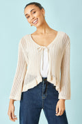 Yumi Beige Tie Front Pointelle Cardigan - QHA UK