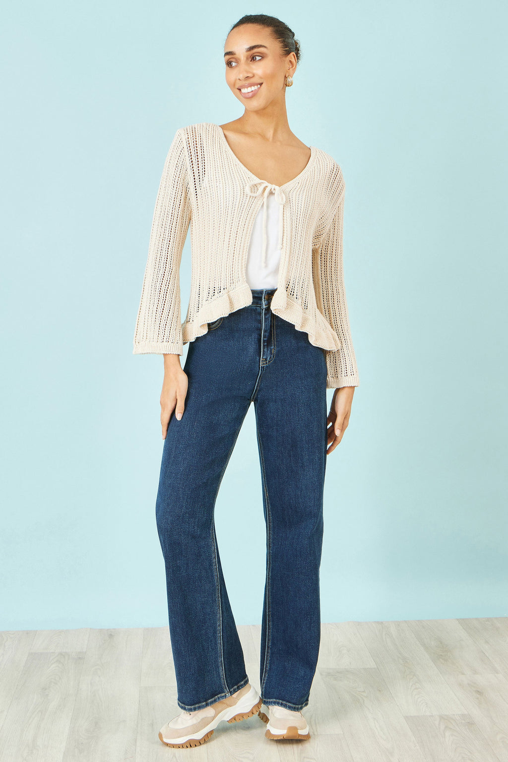 Yumi Beige Tie Front Pointelle Cardigan