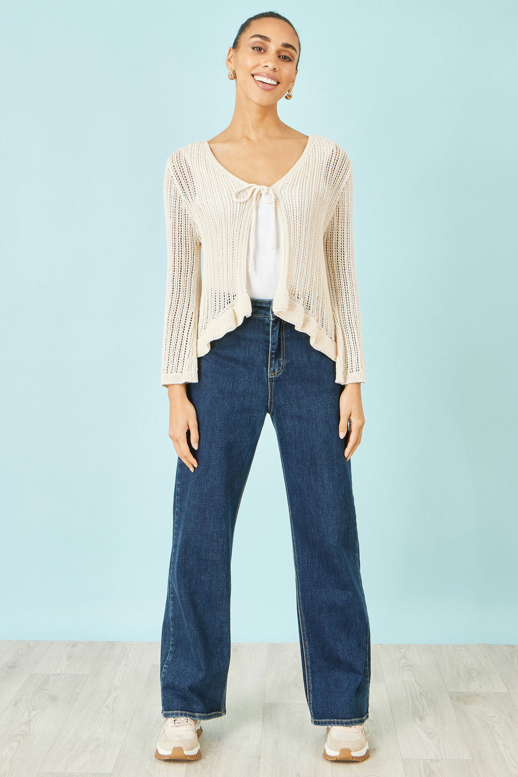 Yumi Beige Tie Front Pointelle Cardigan
