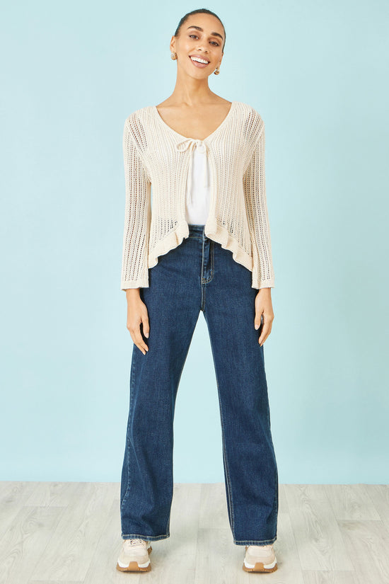 Yumi Beige Tie Front Pointelle Cardigan - QHA UK