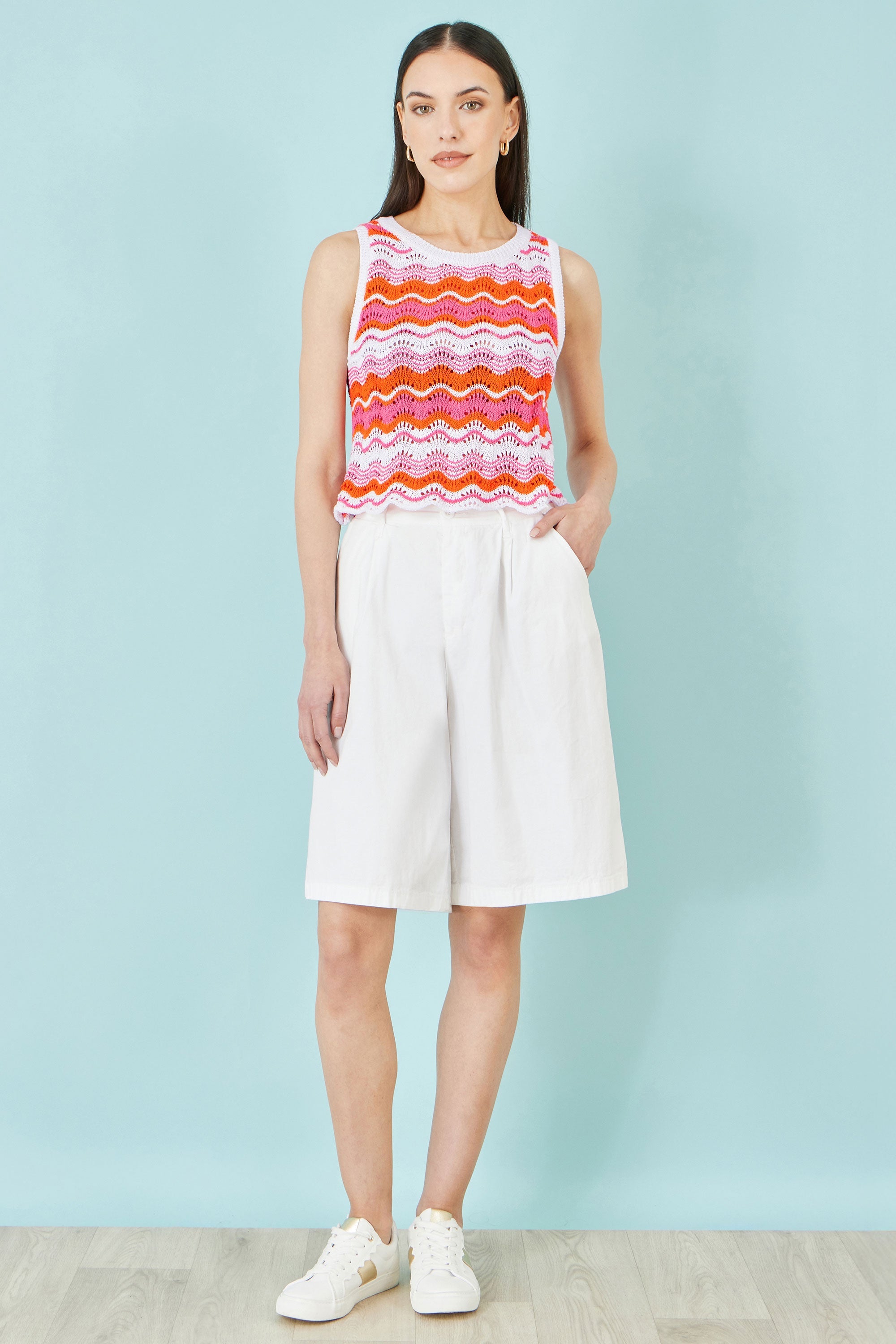 Yumi Orange Stripe Crochet Stripe Vest Top