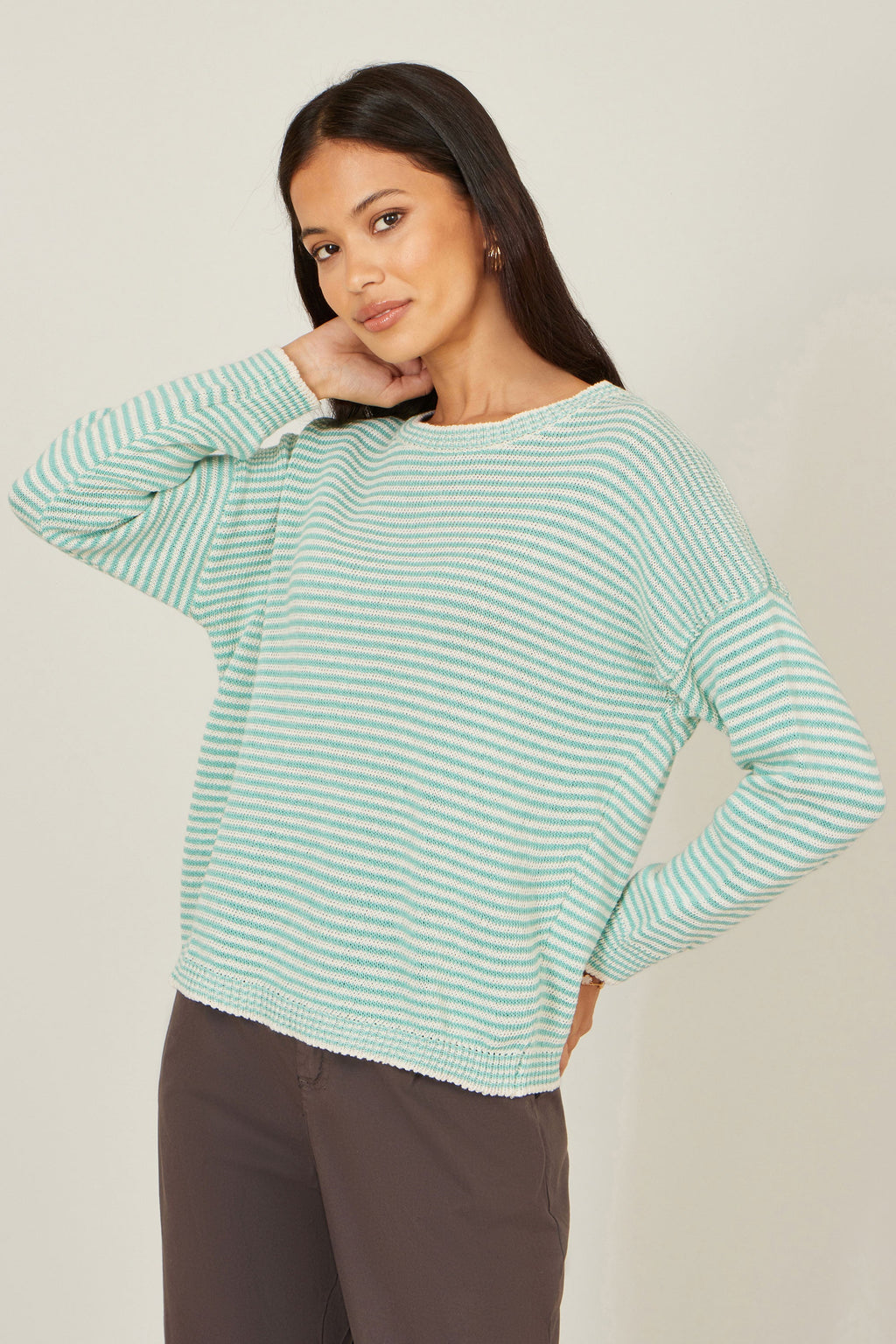 Yumi Sea Green Knitted Stripe Relaxed Jumper - QHA UK