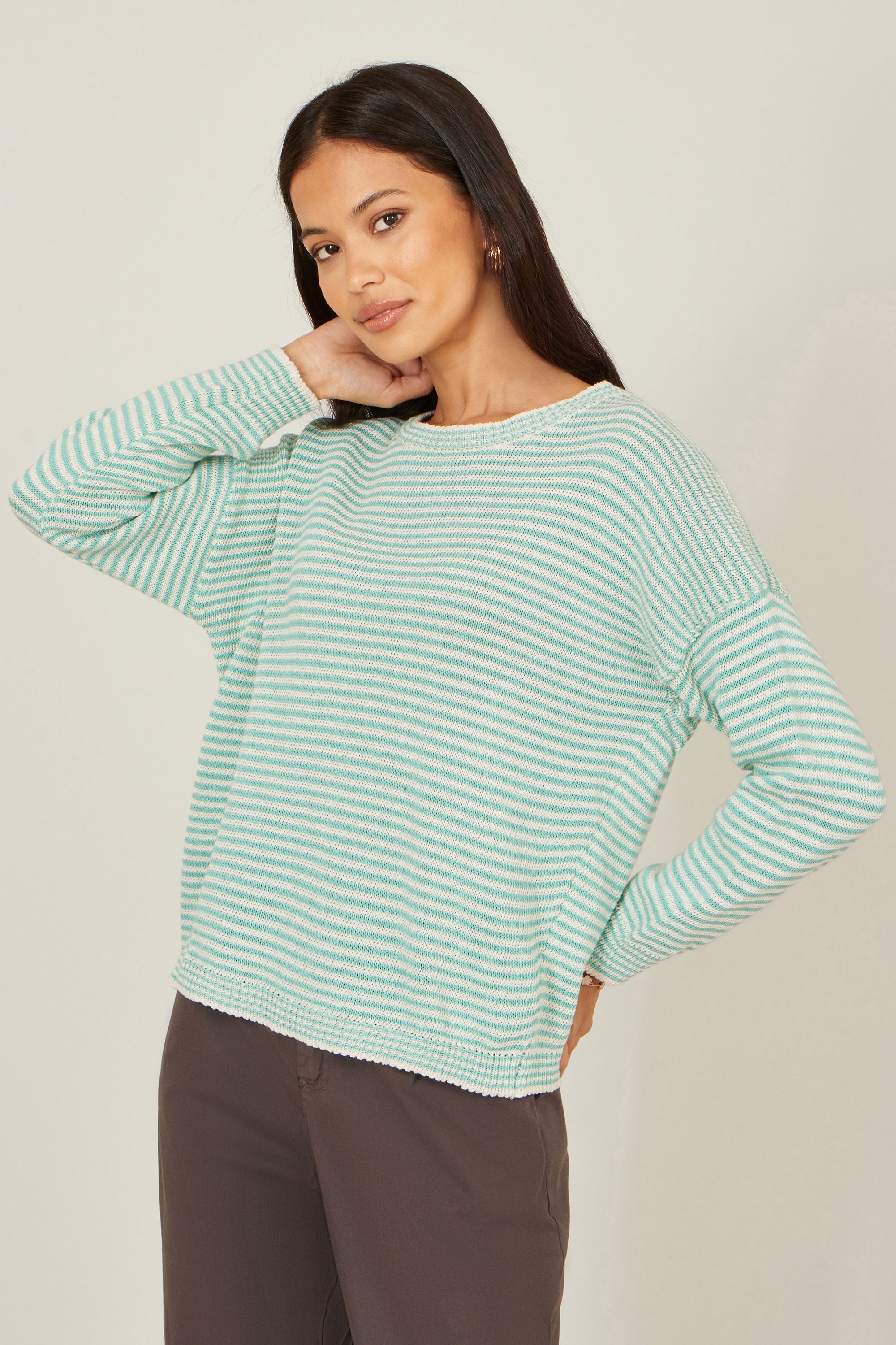 Yumi Sea Green Knitted Stripe Relaxed Jumper