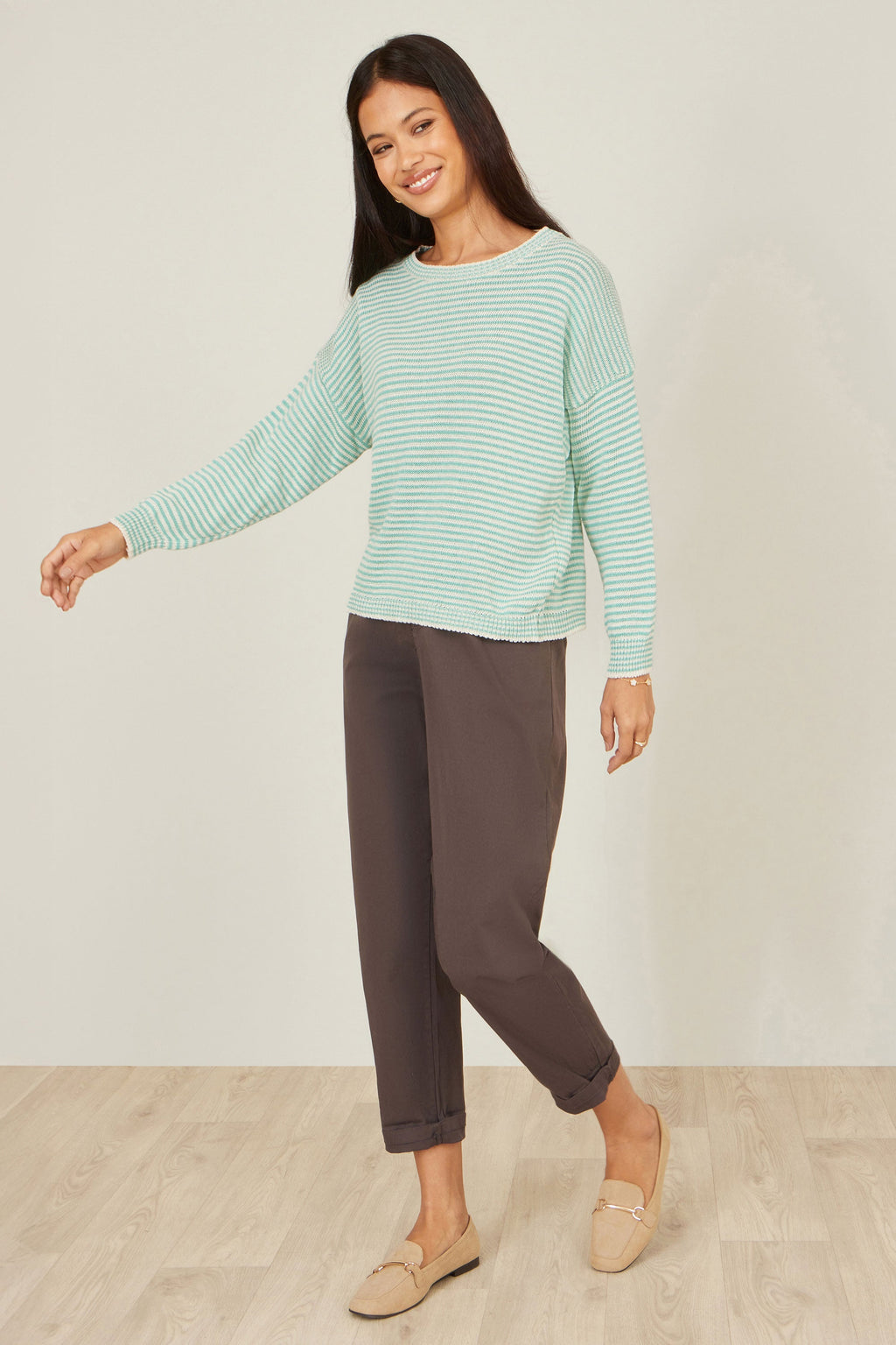 Yumi Sea Green Knitted Stripe Relaxed Jumper - QHA UK