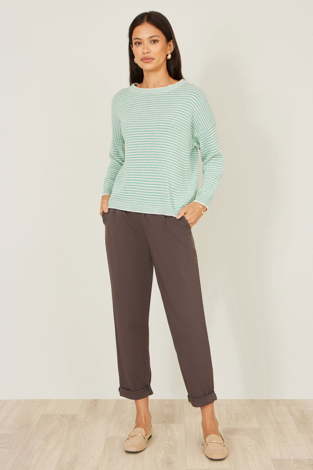 Yumi Sea Green Knitted Stripe Relaxed Jumper - QHA UK